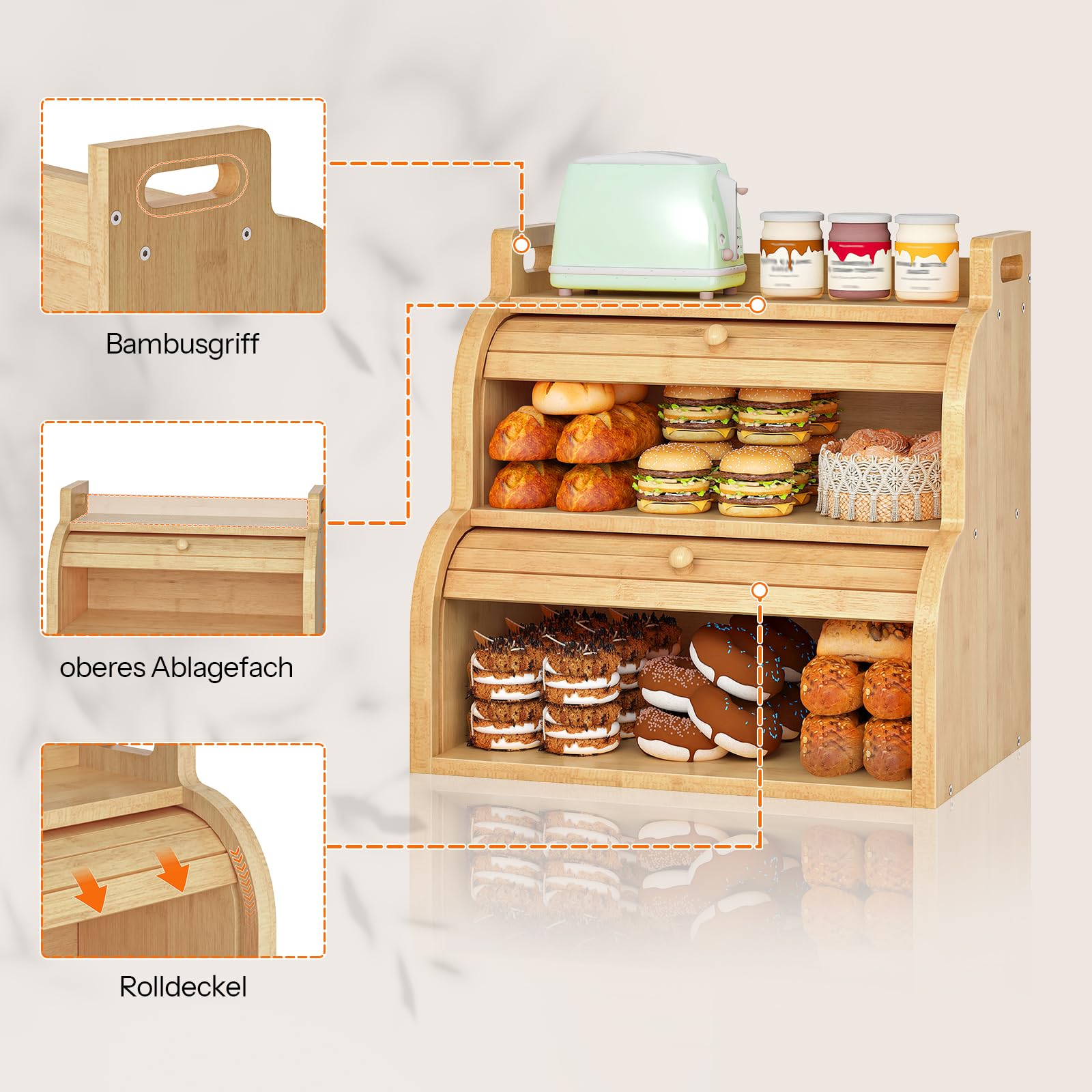 HOOBRO 2-stöckiger Brotkasten aus Bambus mit Rolldeckel, Brotkorb, Brotbox, Brotbehälter mit Griffen, Brotaufbewahrung für Küche und Esszimmer, Natur EYL15MB01