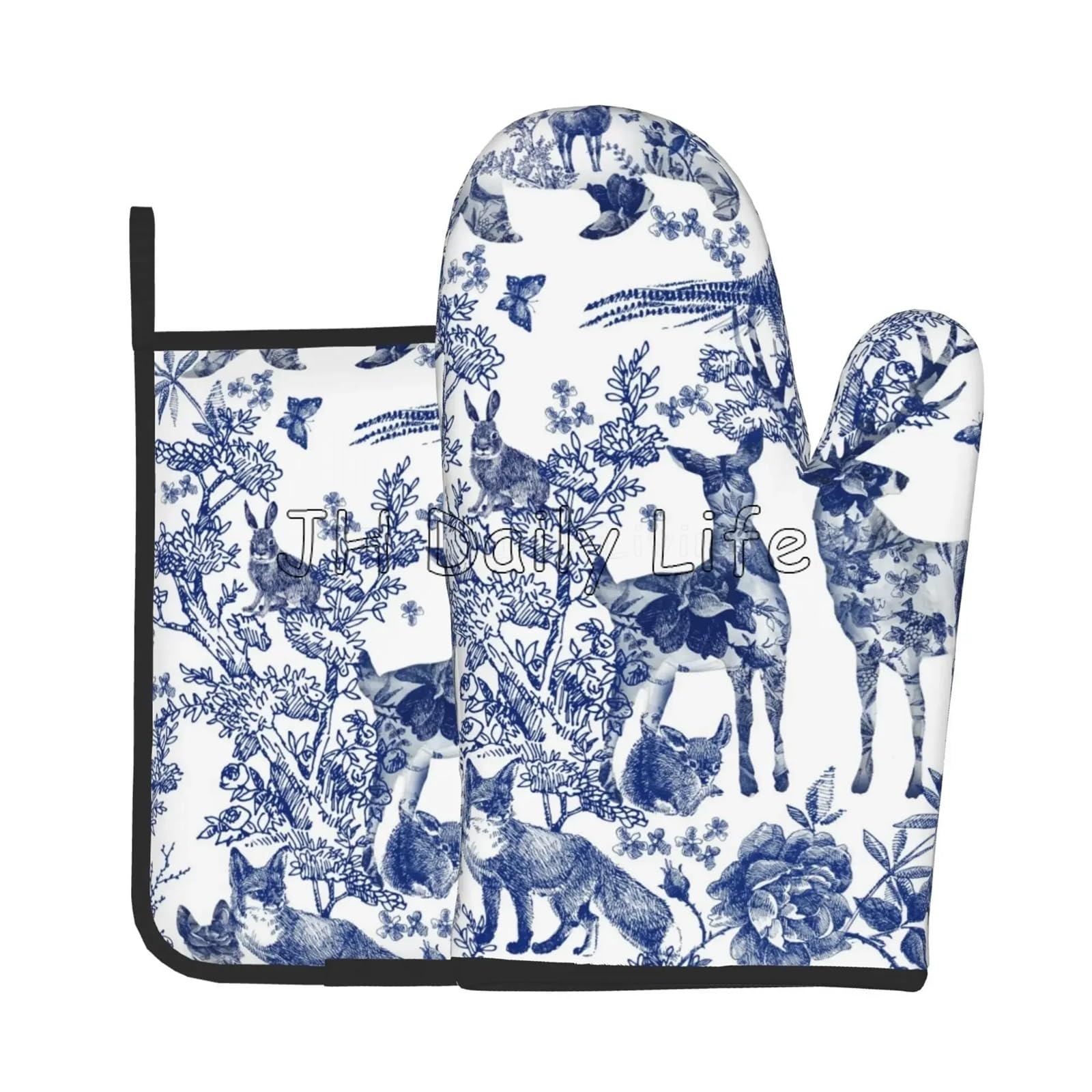 Navy Blue Motif Heat Oven Mitts and Pot Holders Sets Oven Gloves for BBQ Cooking Baking Grilling(1)