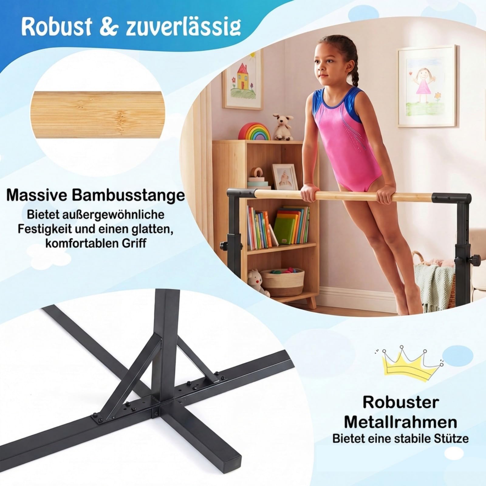 COSTWAY Gymnastik Turnreck, Reckstange Indoor mit verstellbaren Höhen, Gymnastikstange horizontal, Turnstange bis 150 kg belastbar, Turngeräte für Kinder ab 3 Jahren