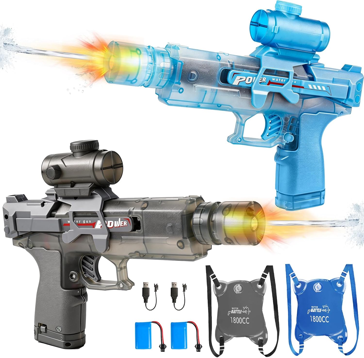 Electric Water Guns for Kids Adults, 2 Pack Powerful Automatic Squirt Gun Water Blaster, 26-32 Ft Range, 1800CC Large Capacity, Summer Outdoor Swimming Pool Water Toys, Watergun Gift for Kids & Adults
