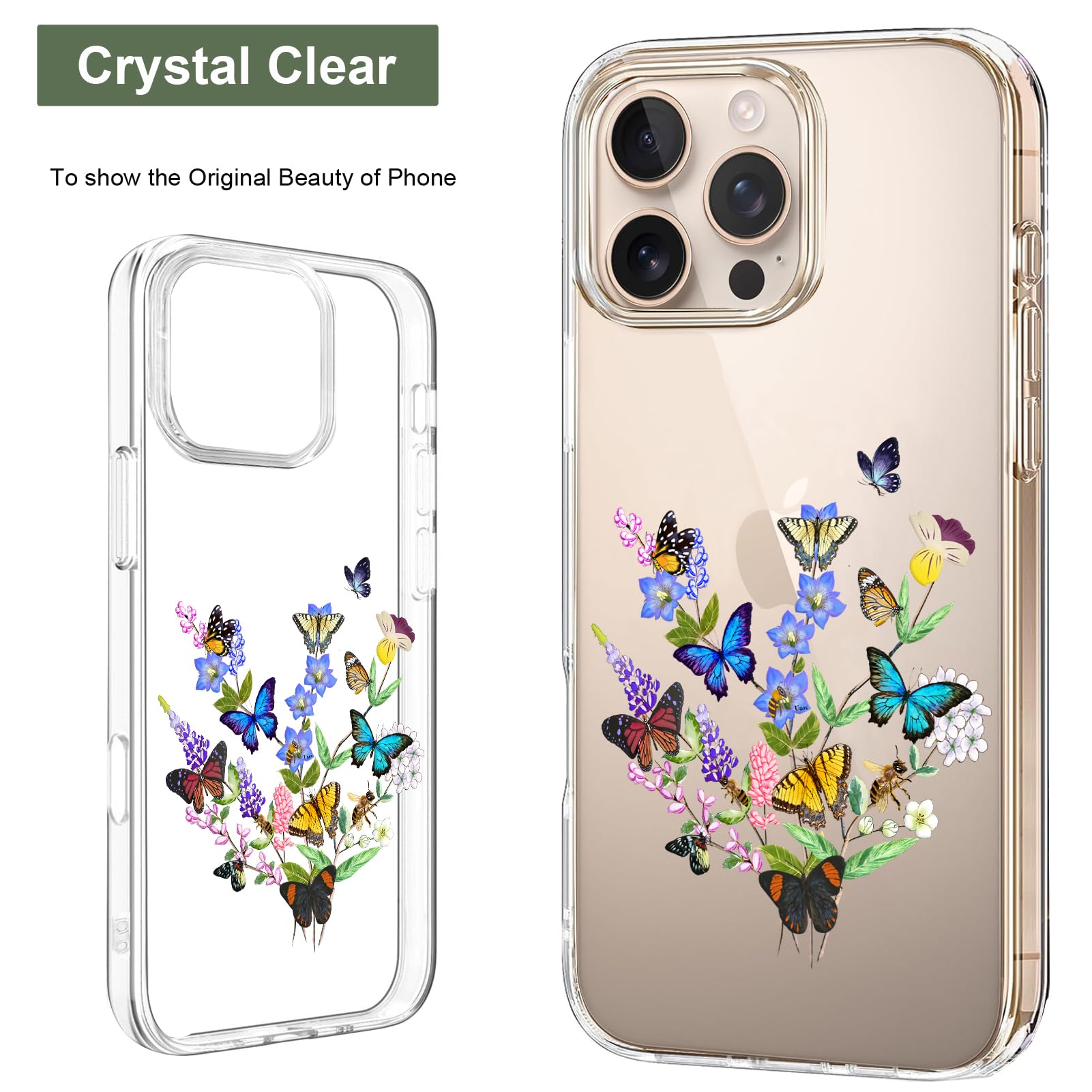 Unov Case Compatible with iPhone 16 Pro Clear with Design Embossed Floral Pattern Soft TPU Bumper Slim Protective 6.3 Inch (Flower Butterfly) - Image 3