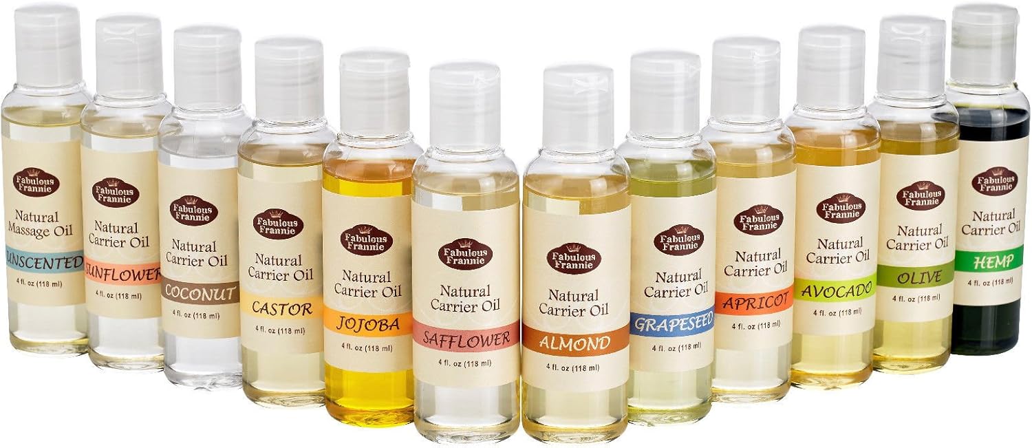 Fabulous Frannie 100% Pure Carrier Oil Variety Set Apricot Kernal, Avocado, Castor, Coconut, Grapeseed, Hemp Oil, Jojoba, Olive, Safflower, Sunflower, Sweet Almond, Unscented 4oz (Pack of 12)