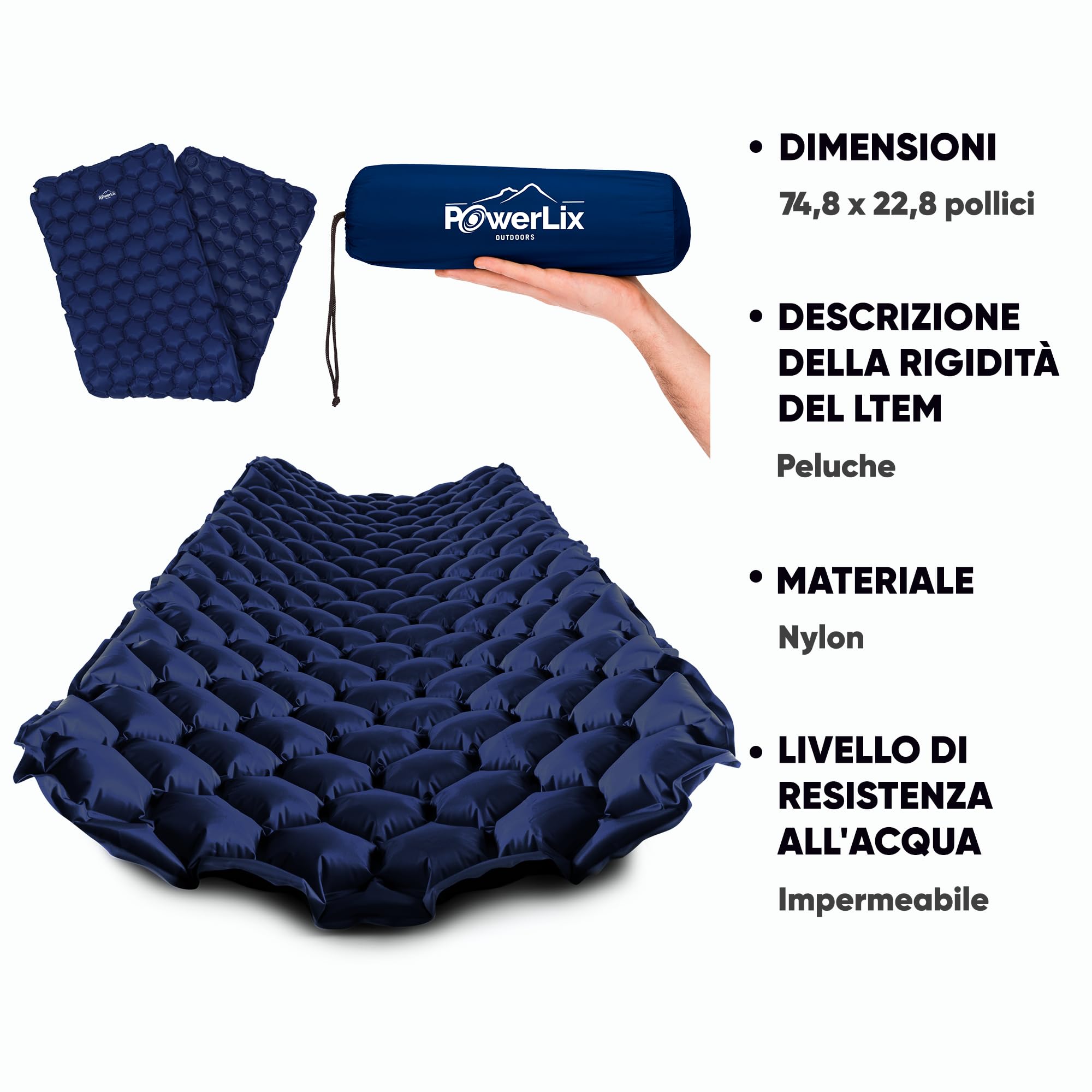 POWERLIX Materassino Campeggio Ultraleggero Ideale per Campeggio, Escursionismo, All'aperto, Materasso Gonfiabile Compatto e Leggero - Airpad, Kit di Riparazione Borsa per il Trasporto