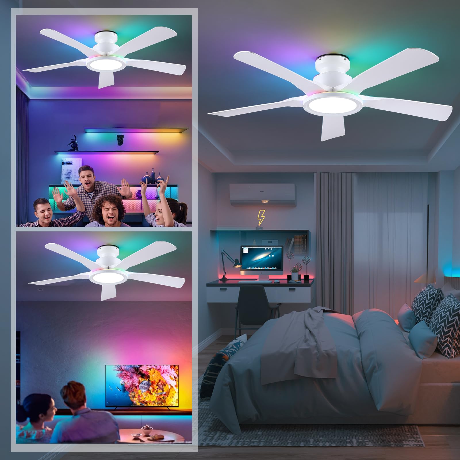 Kviflon RGB Deckenventilator mit Fernbedienung, Leise DC Motor, Umkehrbar, Dimmbar LED, 132cm Deckenventilatoren für Schlafzimmer Wohnzimmer, Weiß