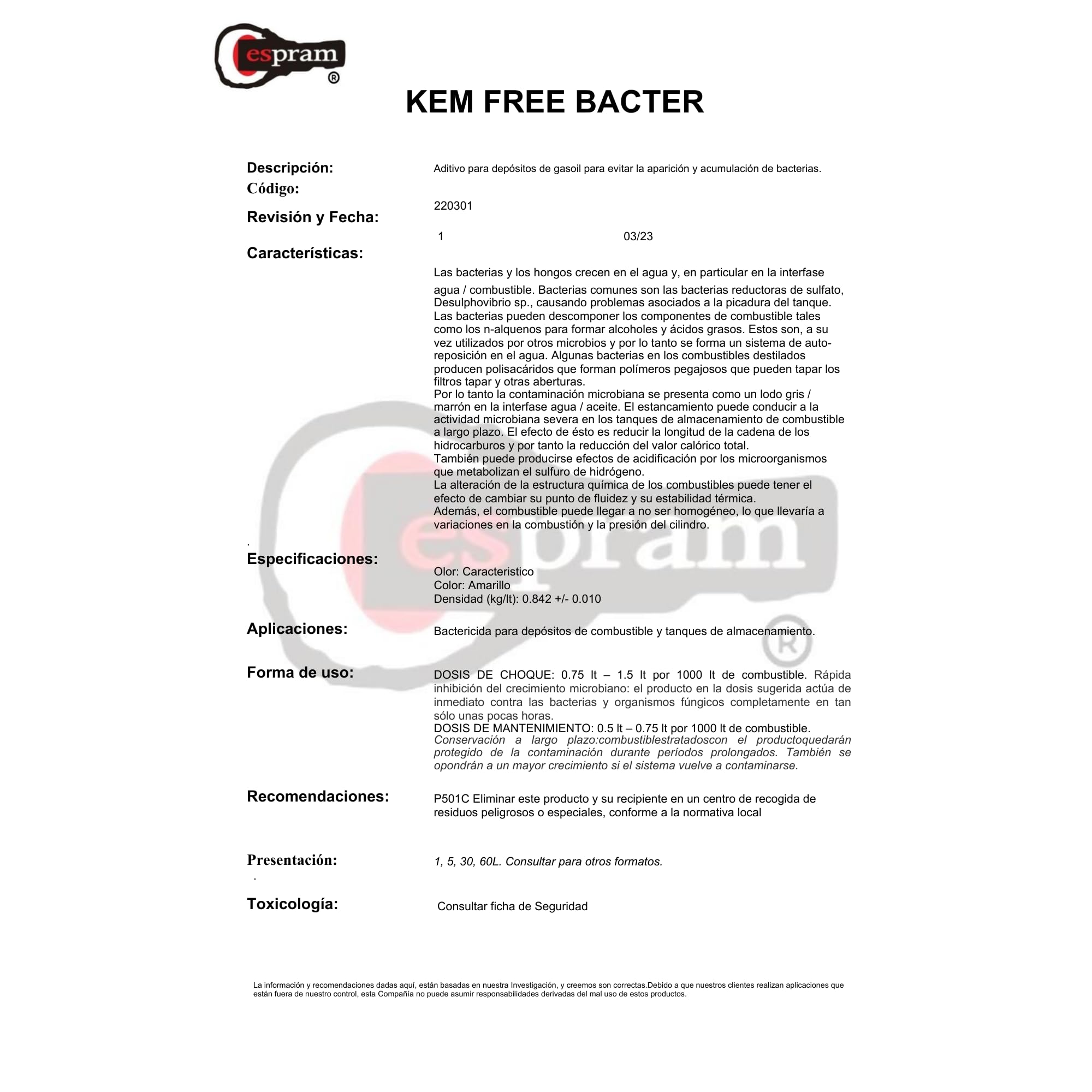 KEM FREE BACTER 1L - Aditivo bactericida para depósitos de combustible diesel y tanques de almacenamiento - Aditivo bactericida diesel gasoil para depositos y tanques parados