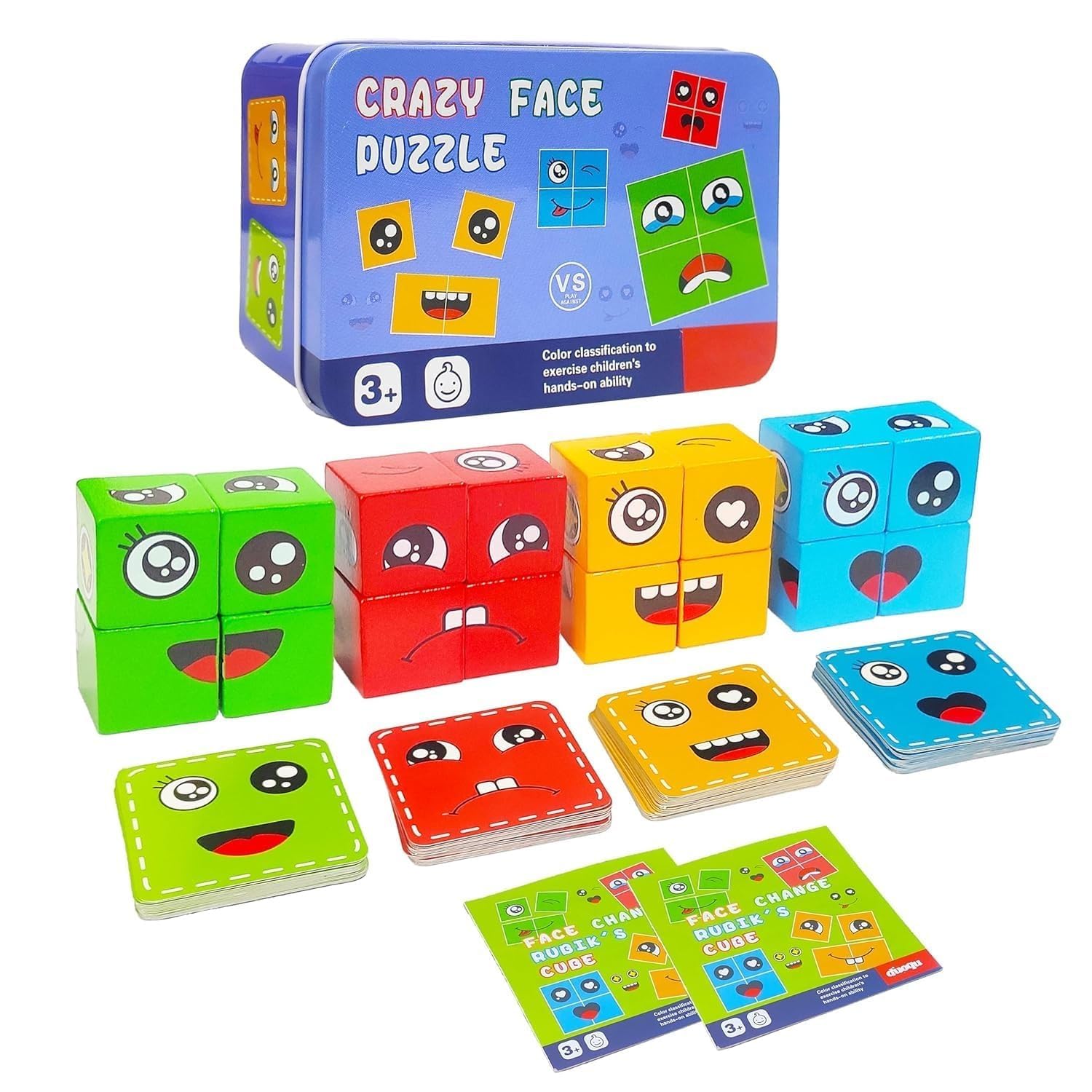 Kidoyz Emoji Cube Puzzle | Wooden Expression Matching Blocks for Kids 3+ Years | 16 Rotating Face Blocks & 72 Challenge Cards | Metal Storage Box | Educational Brain Teaser Toy