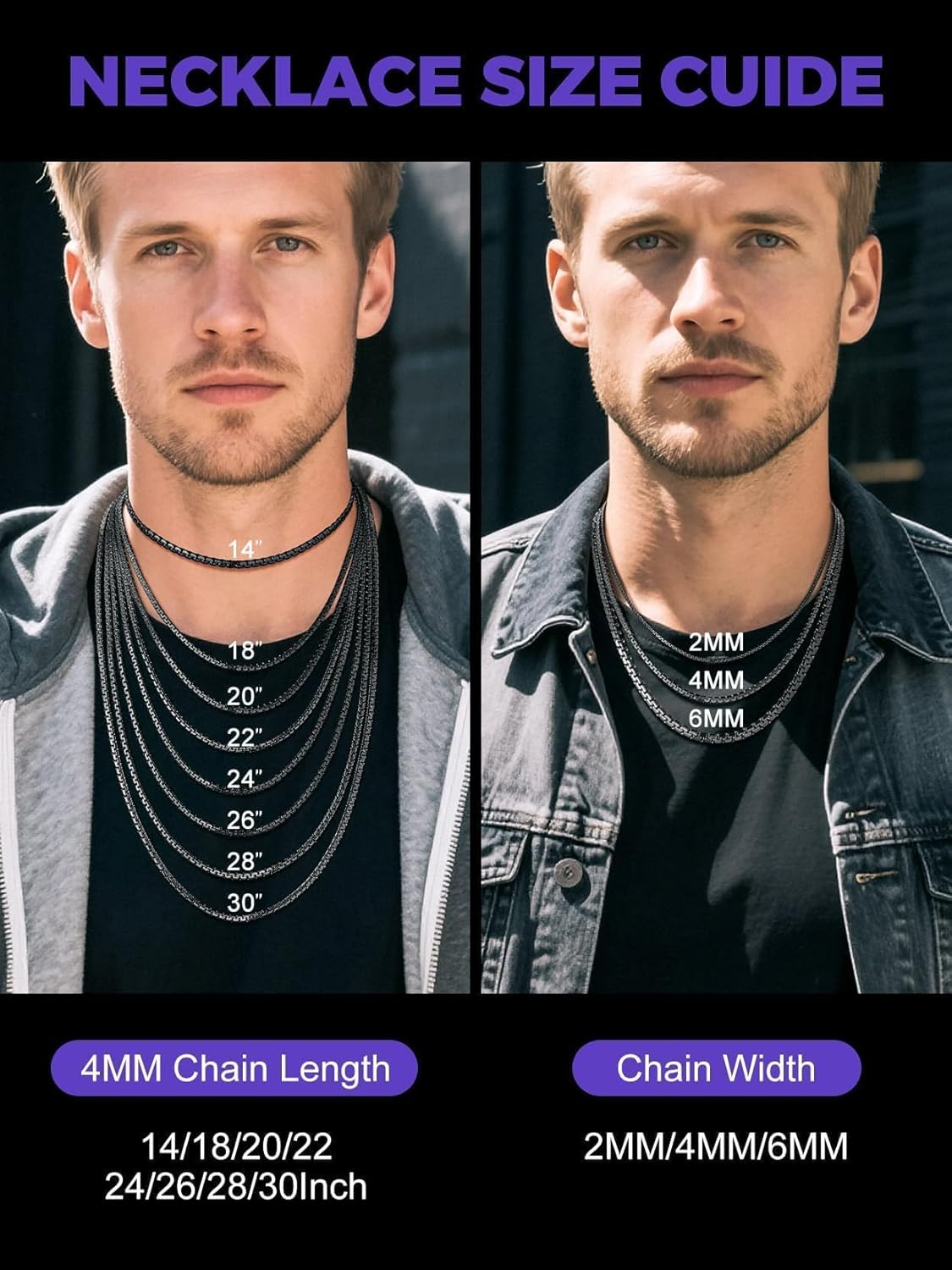 Richsteel Stainless Steel Mens Flat Link Chain Necklace, Black/Gold/Steel Chain for men, 2mm/4mm/6mm Width, No Tarnish & Hypoallergenic Hip Hop Jewelry, 18"-30" Length
