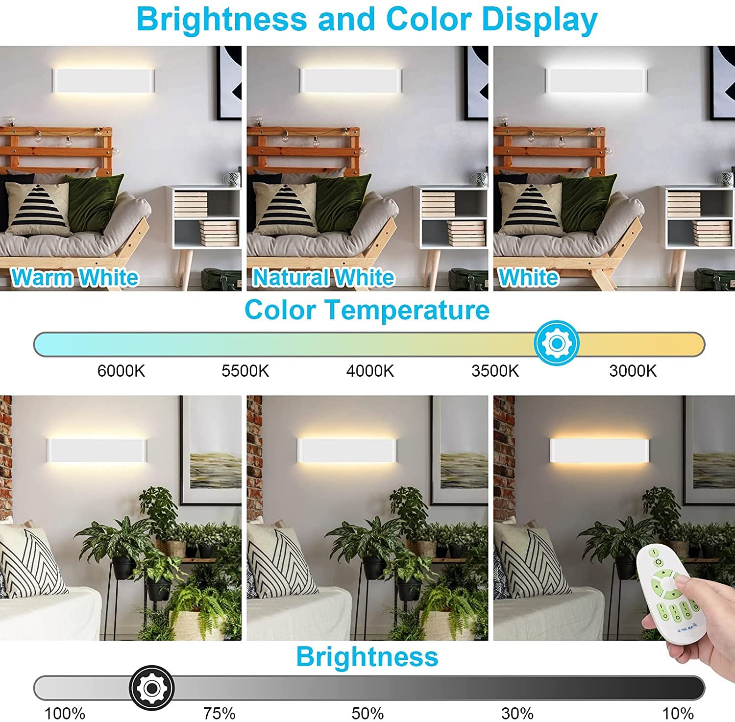 24W Applique Murale LED Avec télécommande 2 Pack Smart Applique Murale Interieur LED 3000-6000K Température de couleur et luminosité réglables Moderne Up Down Appliques Murales Blanc（40CM）
