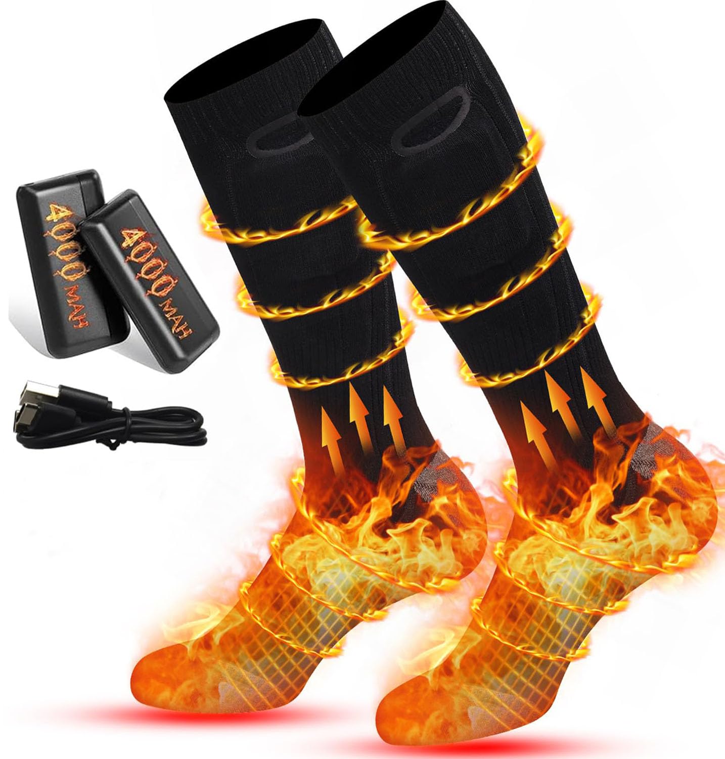 Beheizbare Socken Damen Herren, Wiederaufladbare Heizsocken mit 4000mAh Akku 3 Heizstufen, Beheizte Socken Warme Socken Fusswärmer, Socken Beheizbar für Wintersport im Freien Schwarz