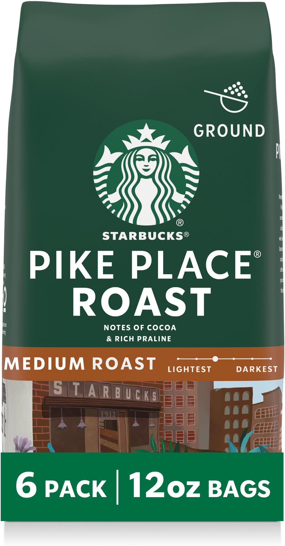 Starbucks Ground Coffee, Medium Roast Hot or Iced Coffee, Pike Place Roast, Six 12 oz Bags