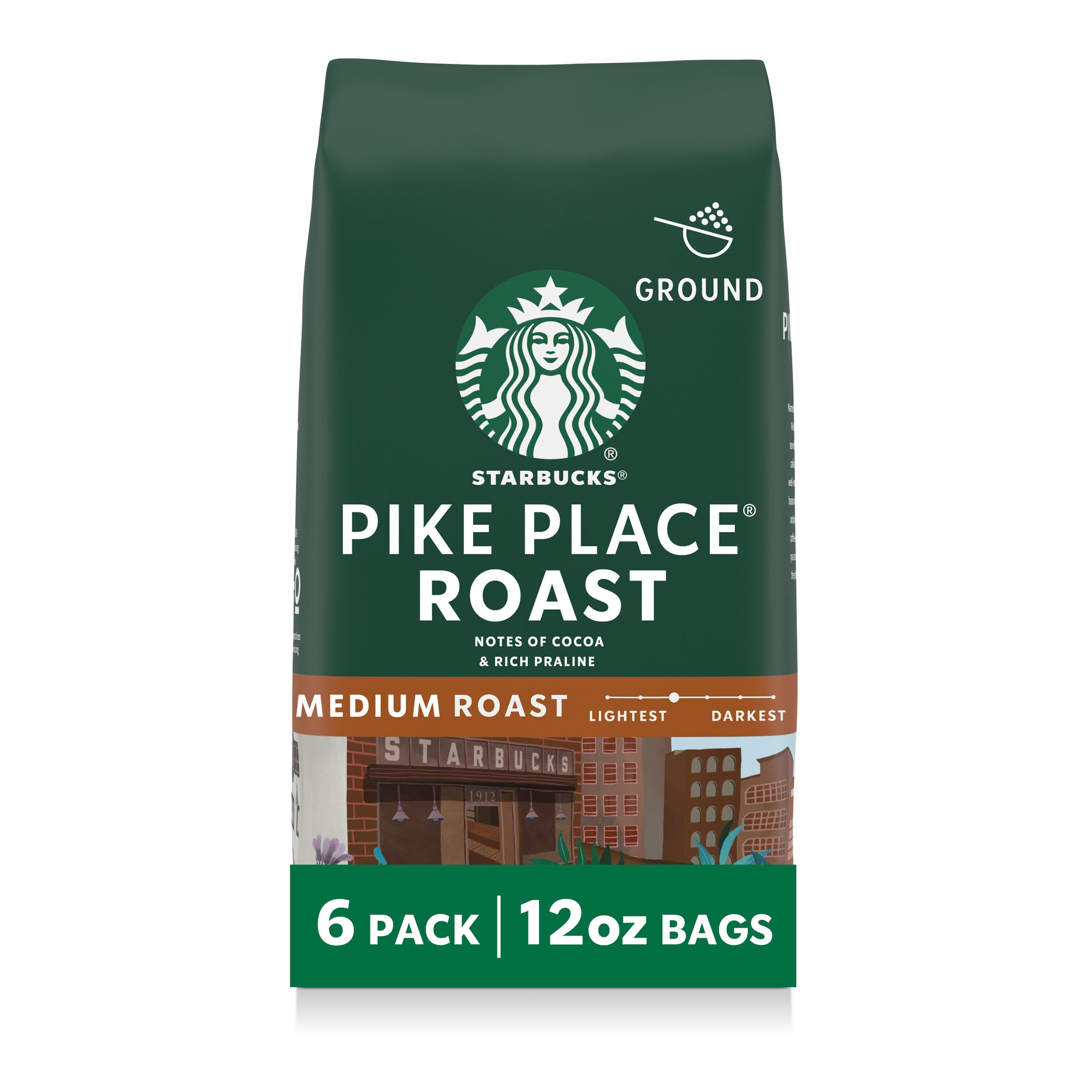 Starbucks Ground Coffee, Medium Roast Hot or Iced Coffee, Pike Place Roast, Six 12 oz Bags​