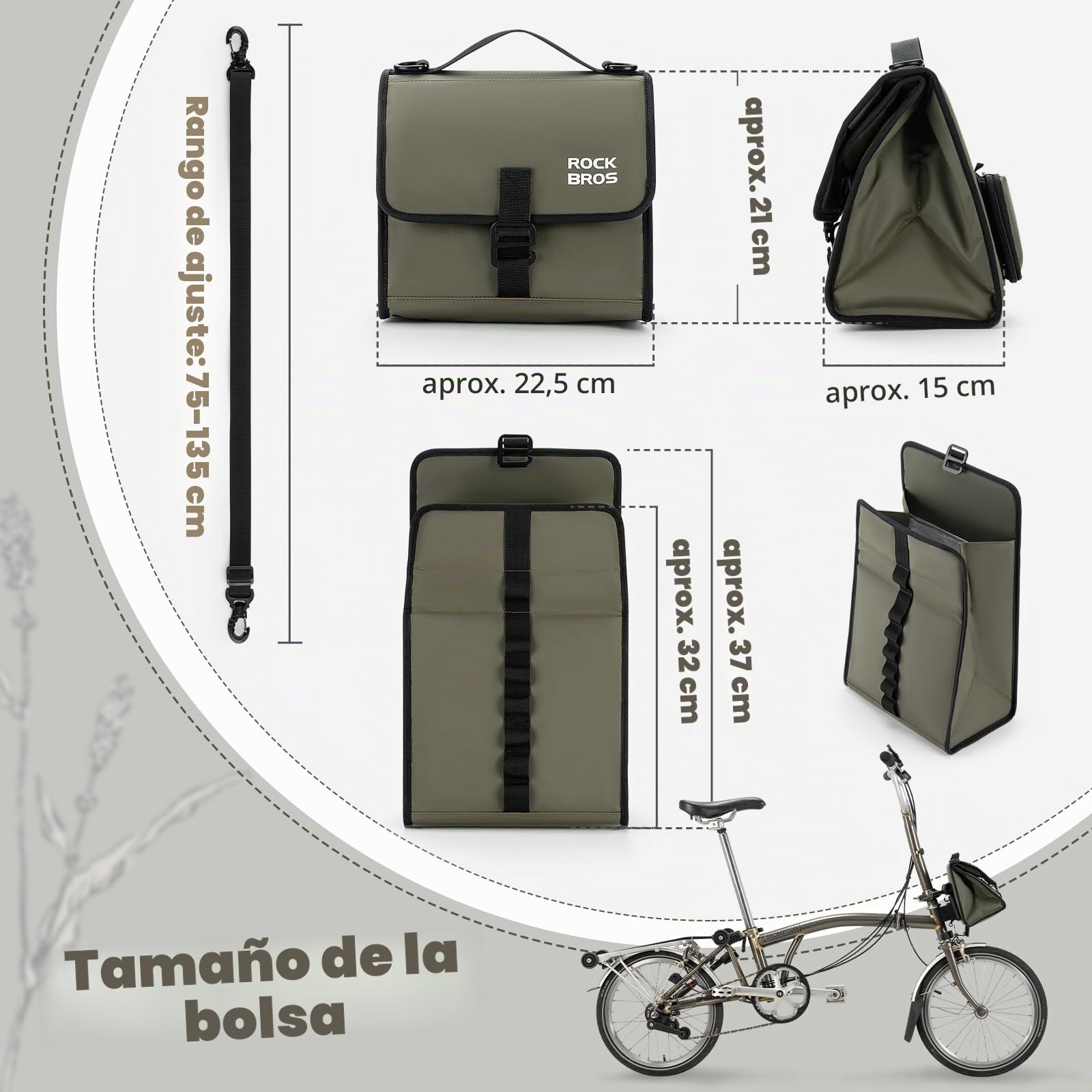 ROCKBROS Bolsa Delantera Bicicleta Porta Alimentos, Bolsa Capacidad Ajustable con Correa de Hombro, Mochila Portátil para Bicicleta Plegable Brompton