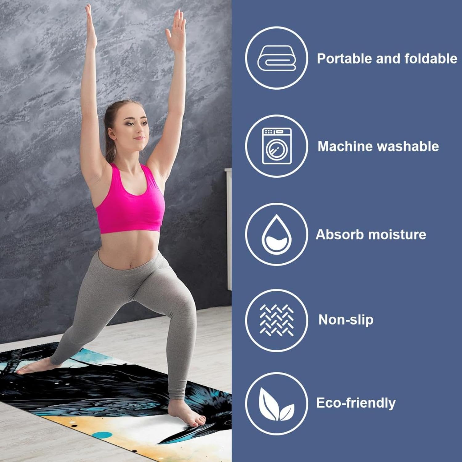 Yoga Towel, Black Crow Pattern Non Slip Sweat Absorbent Hot Yoga Mat Towel for Hot Yoga, Pilates and Fitness - 72.8" x 26.8"