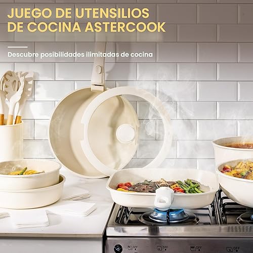 Miniatura 7 de Astercook Juego de 23 ollas y sartenes antiadherentes de cerámica con mango desmontable, juego de cocina apilable para caravana, asas extraíbles,