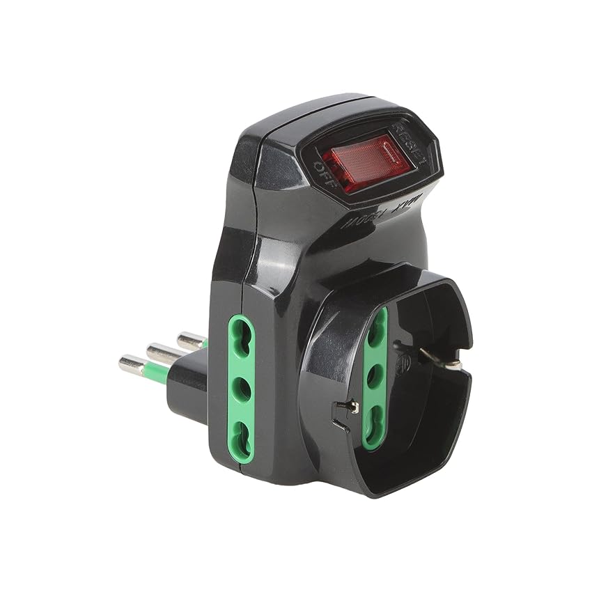 FANTON 87318 Adattatore triplo spina piccola 10A - 2 prese bipasso 16A - 1 presa bipasso italo/tedesca schuko con interruttore - protezione sovraccarico NERO