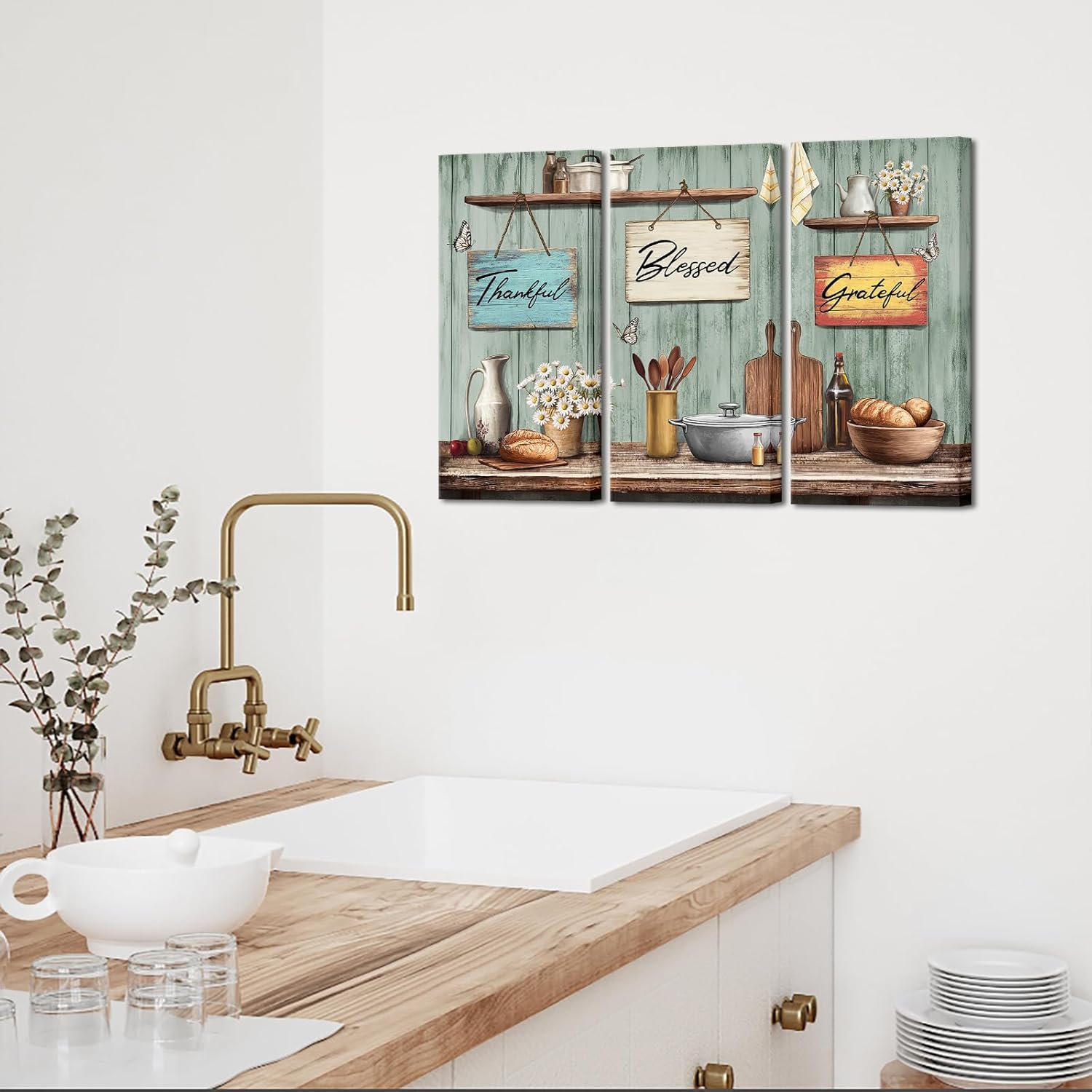 sechars Rustic Kitchen Wall Art Thankful Blessed Grateful Signs Decor Green Wood Background Rustic Fashouse Decor Set of 3