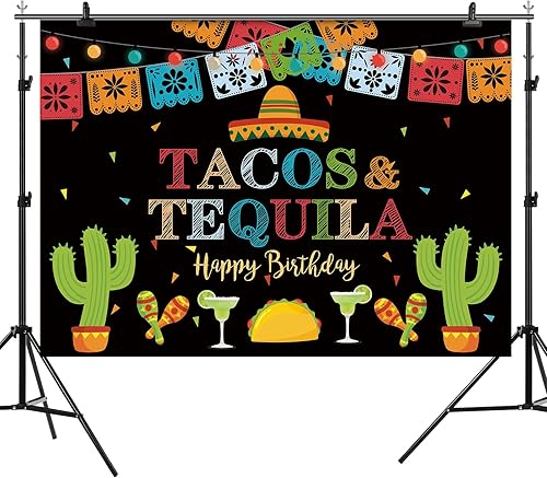 Miniatura 3 de Telón de fondo de fiesta mexicana de feliz cumpleaños, tacos y tequila, luces coloridas, fondo de fondo de cinco de mayo para fotos, fiesta de