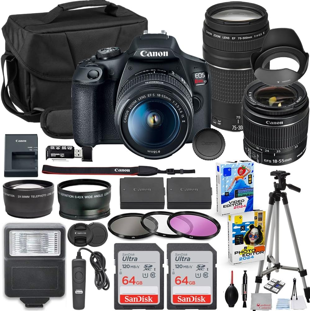 EOS Rebel T7 DSLR Camera with 18-55mm & 75-300mm Lens Bundle with Extra Canon Battery + 2X 64GB Memory Cards + Accessory Kit Including Bag, Flash, Aux Lenses, Software & More