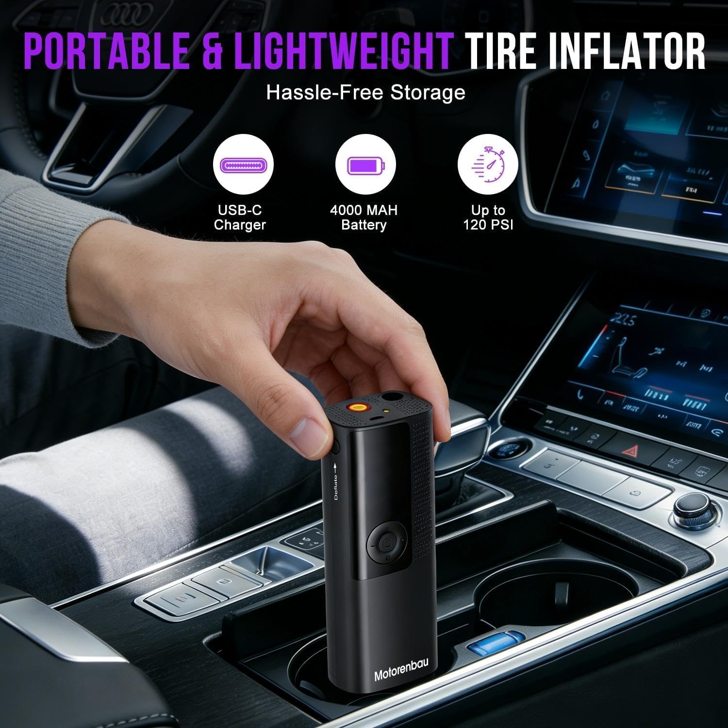 Gonfiatore Portatile per Pneumatici con compressore – Mini Pompa ad Aria Senza Fili con manometro Digitale, 150 PSI, Funzione di gonfiaggio rapido 3 Volte e Funzione di spegnimento