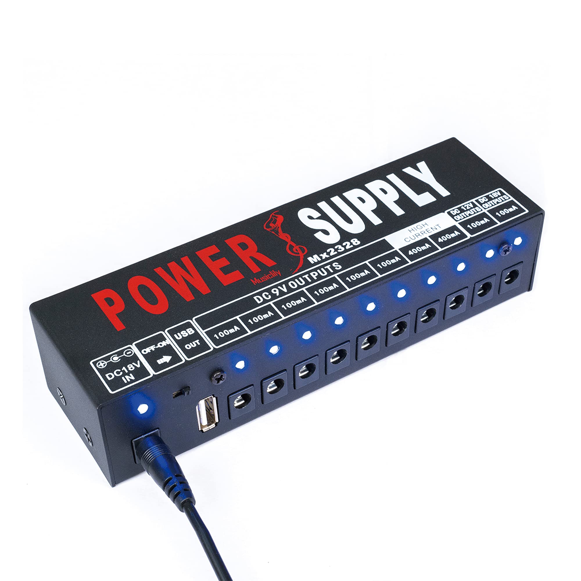 Musiclily Pro Gitarren Netzteil Power Supply 10 Way Isoliert DC Output mit USB-Port und EU Standard Adapter für 9V / 12V / 18V Effektpedal