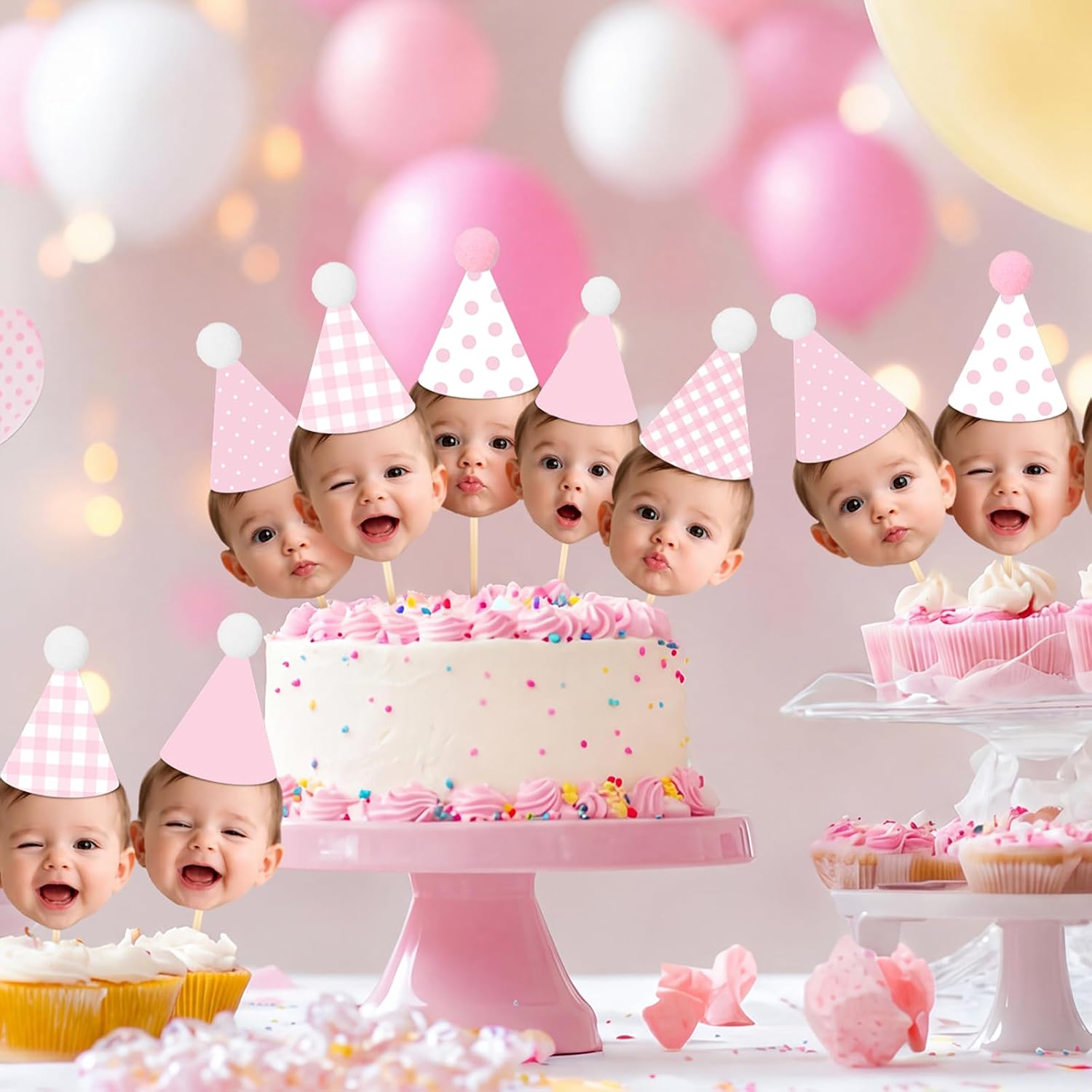 36 Pcs DIY Baby Face Photo Cake Topper Kit, Pink, Cute Style image 3