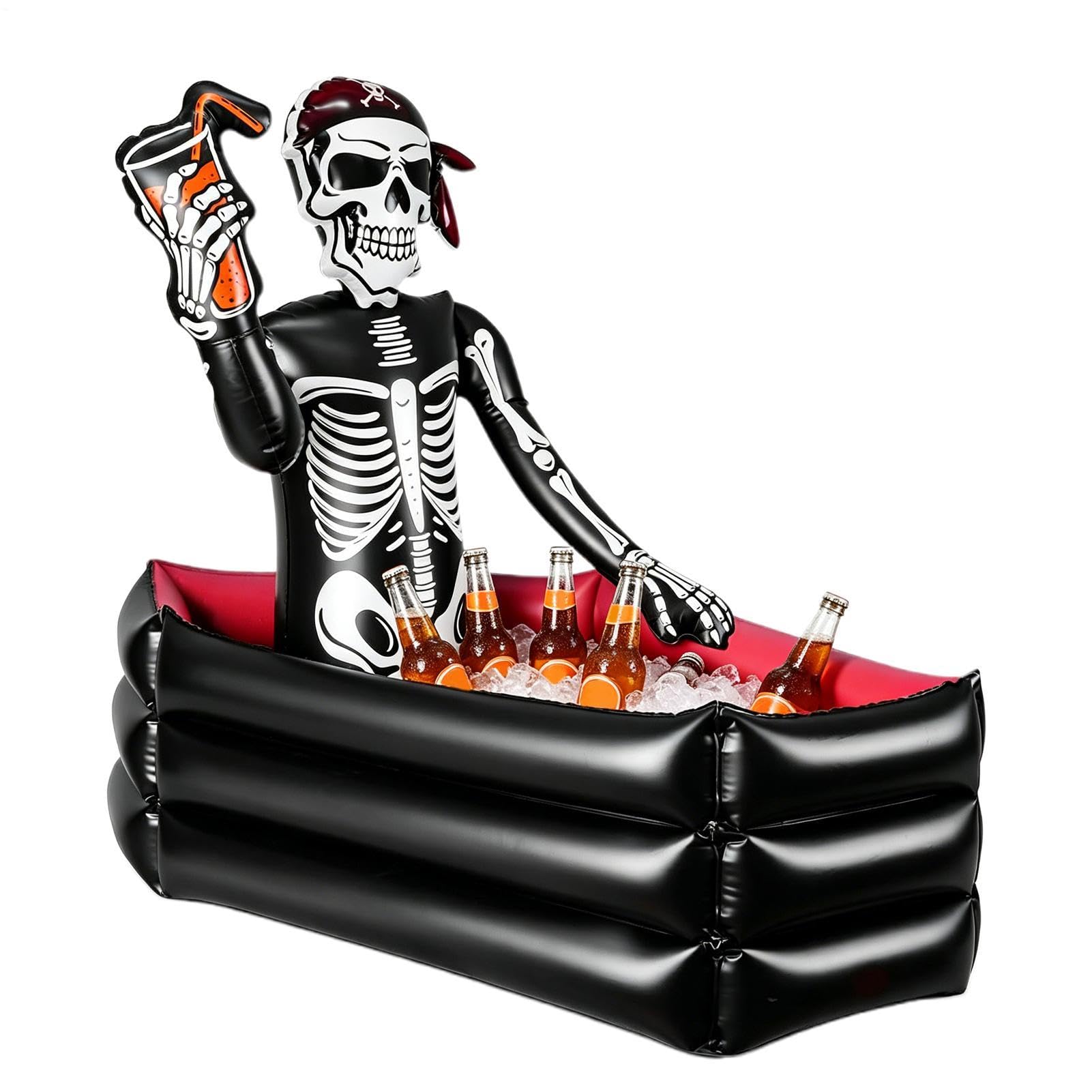 Halloween Aufblasbarer Kühler - 35 Zoll Schädel Sarg Eiskübel | Party Decor Große Kapazität Getränkehalter mit Skelett | Indoor Outdoor Garten Terrasse Pool Kühler 1000g 90x60x90cm Wiederverwendbar