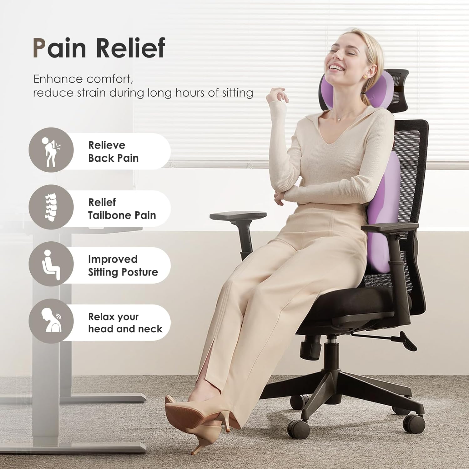 FLORICH Lumbar Support with Car headrest Back Pillow for Chairs Headrest Pillow for Car Ergonomic Ultrathick Memory Foam Back Pillow for Office Chair (Purple) - Image 2