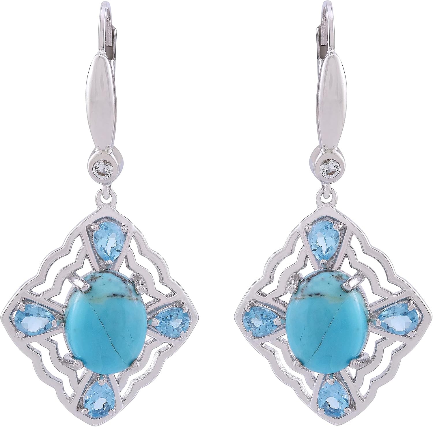 Natural Kingman Turquoise, Swiss Blue Topaz & White Topaz Framed Earrings in 925 Sterling Silver