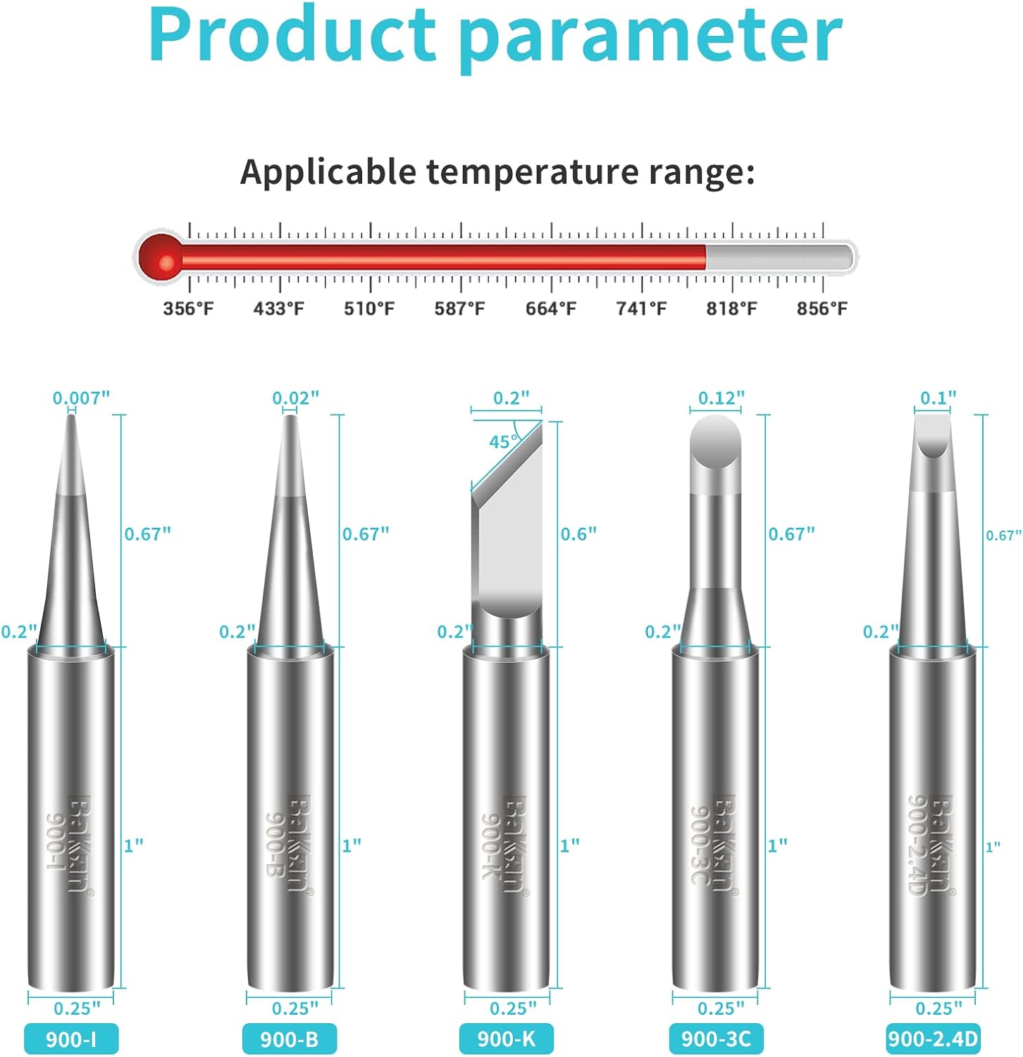 Detailed dimensions and temperature range for BAKON 900M soldering tips