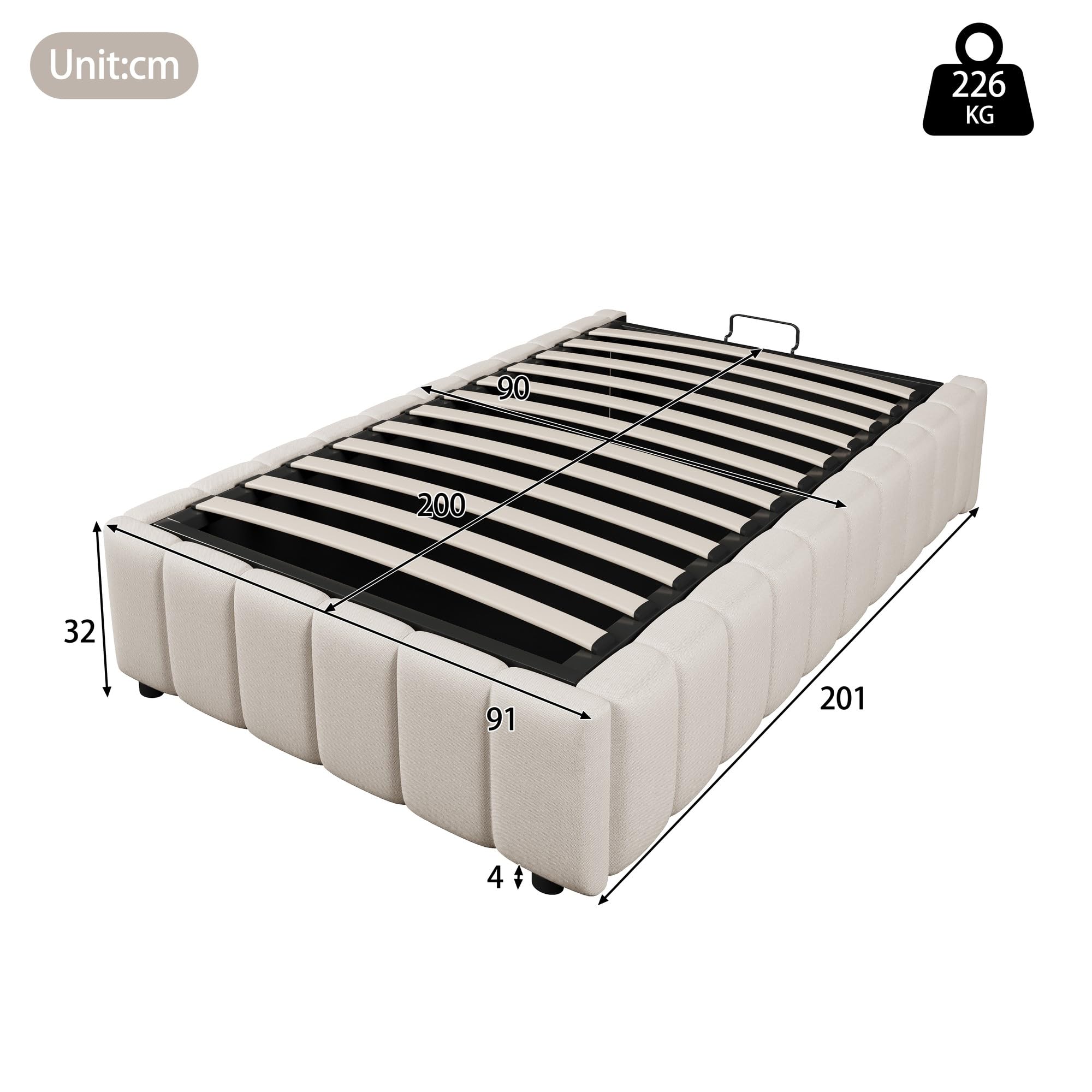 Cama tapizada con almacenamiento hidráulico, 90 x 200 cm, sin cabecero, sin colchón, beige, lino, MDF