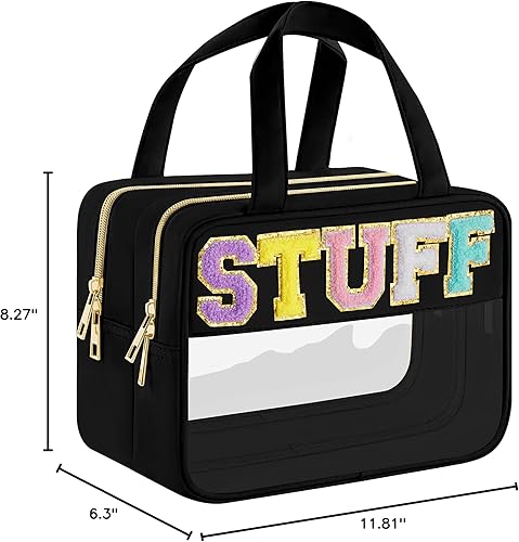 Miniatura 9 de Bolsa de maquillaje transparente con letras de chenilla, bolsa de cosméticos de preparación con cremallera, bolsa de cosas impermeable para