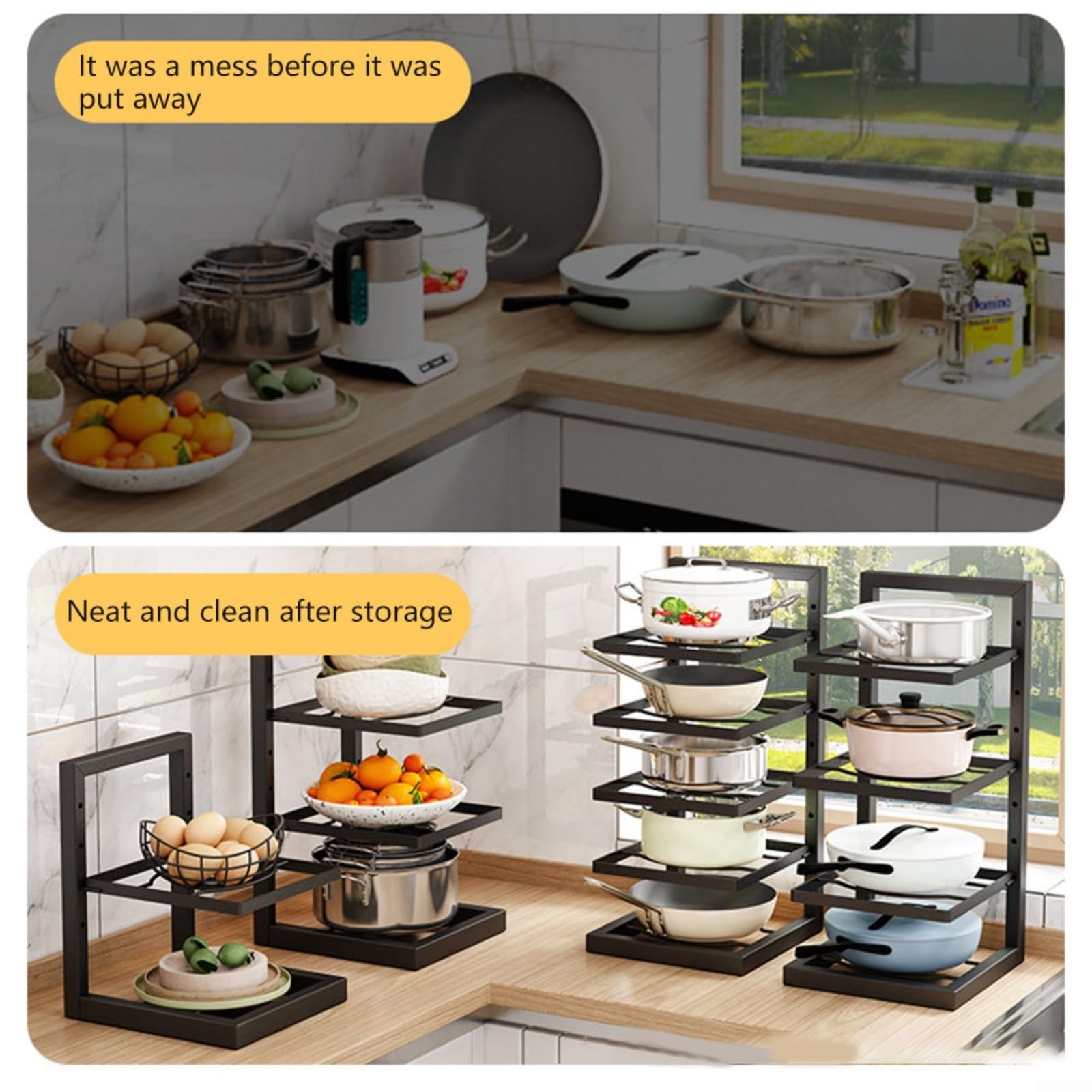 Estante para ollas y sartenes debajo del fregadero para armario de cocina para ollas y sartenes, estante ajustable para ollas y sartenes, solución de almacenamiento de utensilios de cocina que ahorra