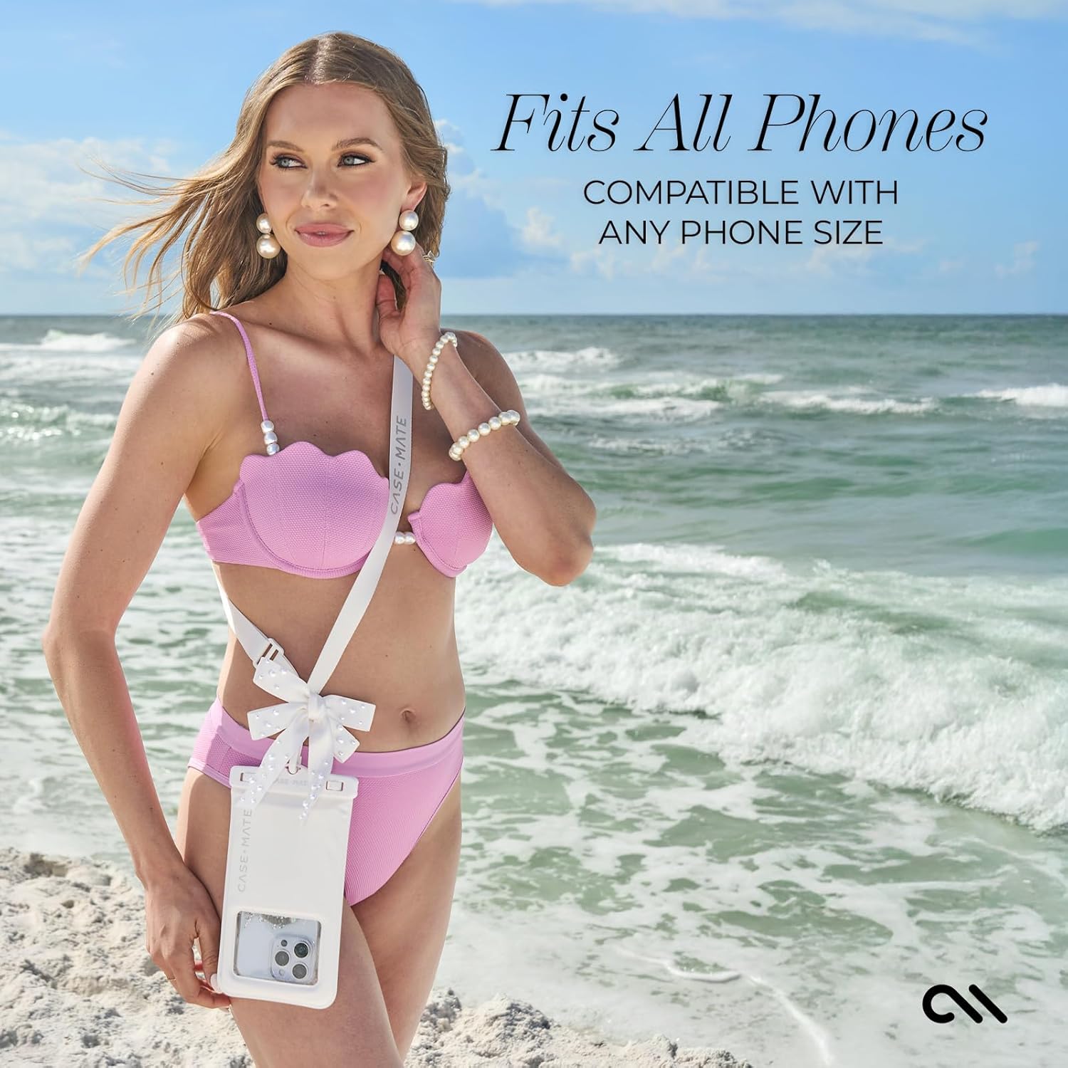 Case-Mate IP68 Waterproof Large Phone Pouch with Bow Design - Travel Beach Cruise Ship Essentials - Floating Phone Case with Crossbody Lanyard for iPhone 17 Pro Max/16 Pro/15/14/13/ S25 - Ivory Pearl - Image 5