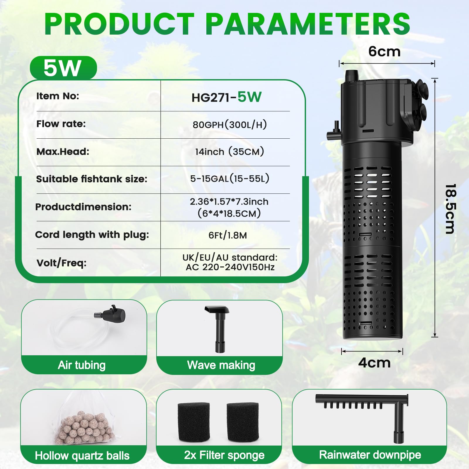 hygger Filtre Interieur Aquarium, 300L/H 5W Adjustable Aquarium Filtre, Quiet Power Fish Tank Filter Pump pour Aquariums with Rainfall Aeration for 15-55L Freshwater and Saltwater Tanks