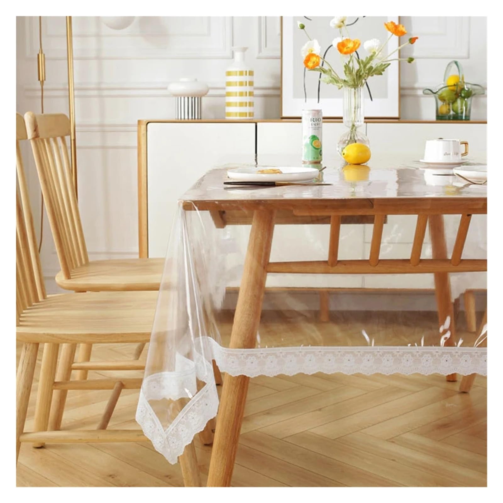 Clear Table Protector Lace Hem Transparent Tablecloth Waterproof Oil-proof PVC Table Cloth For Home Kitchen Dining Decorative Protective Cover(150x150cm)