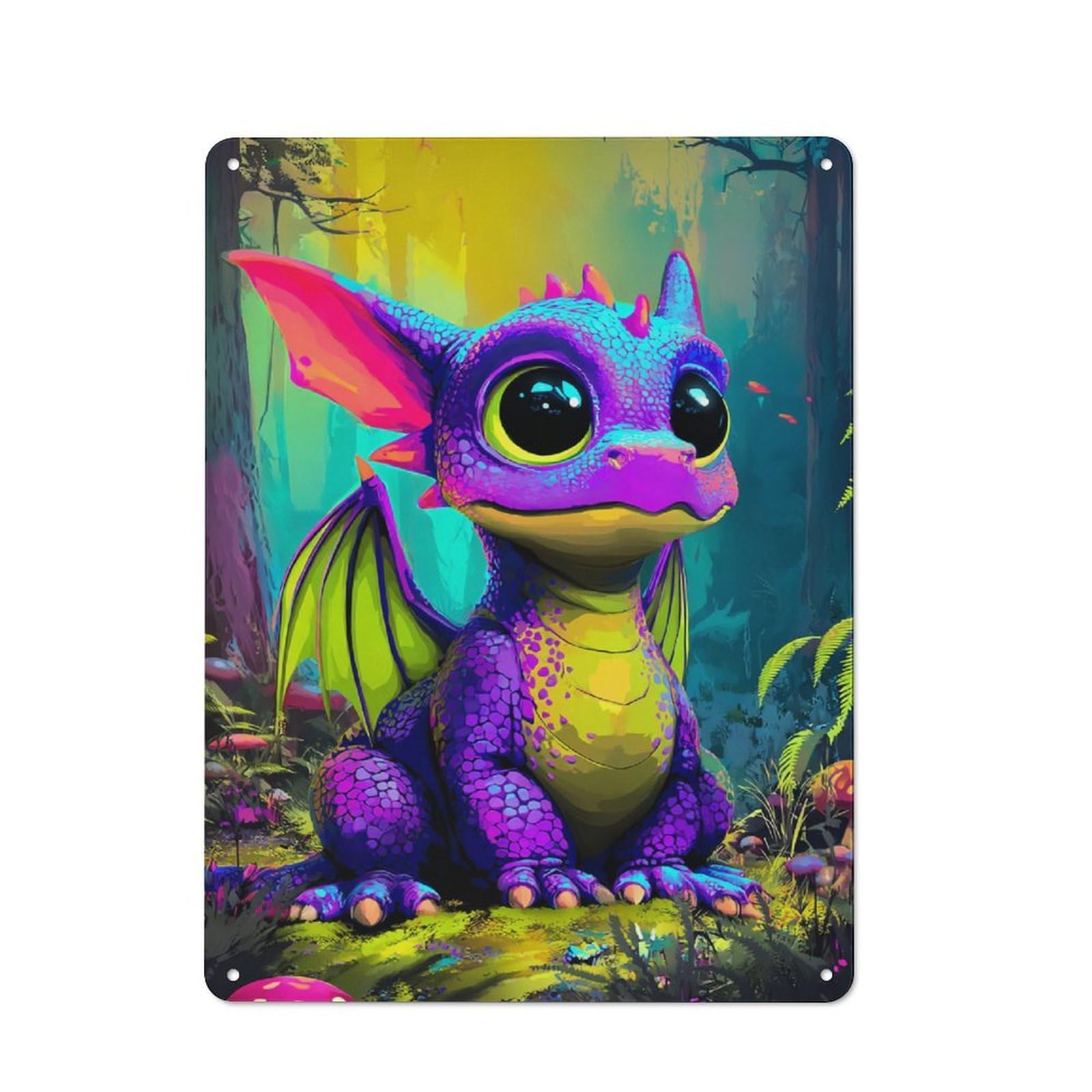 Colorful Fantasy Dragon in Forest Metal Wall Art Sign 40x30cm, Vintage Vintage Wall Decor for Lounge, Study, Pub Or Wall Gallery