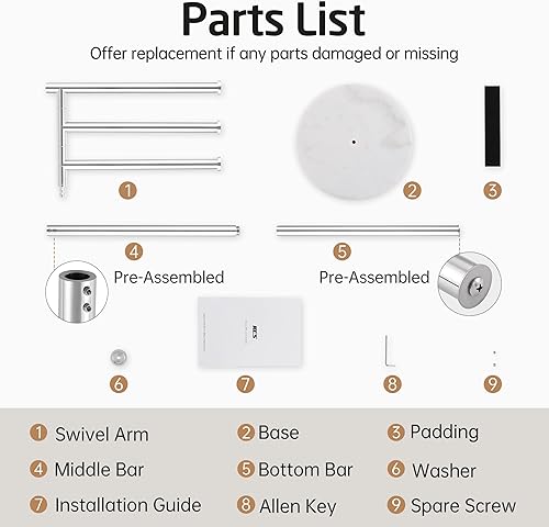 Miniatura 8 de KES Toalleros independientes para soporte de baño, brazos giratorios de 40 pulgadas, 3 toalleros de baño independientes con base de mármol pesada,