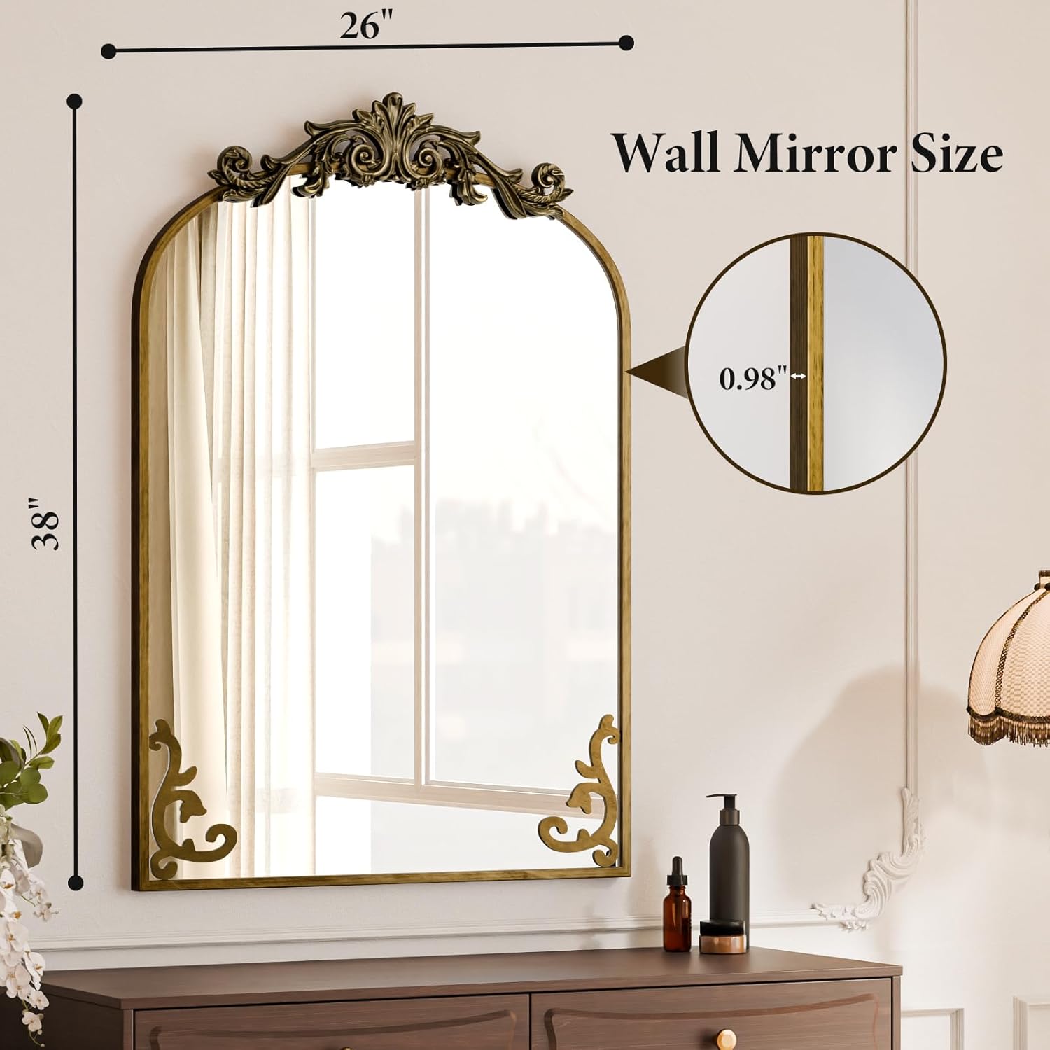 Koonmi Vintage Mirror, 26x38 Wall Mounted Vanity Mirror, Tempered Glass, Detachable Flower Head, Bronze Antique Decorative Mirror for Bathroom Entryway Fireplace Living Room Hallway