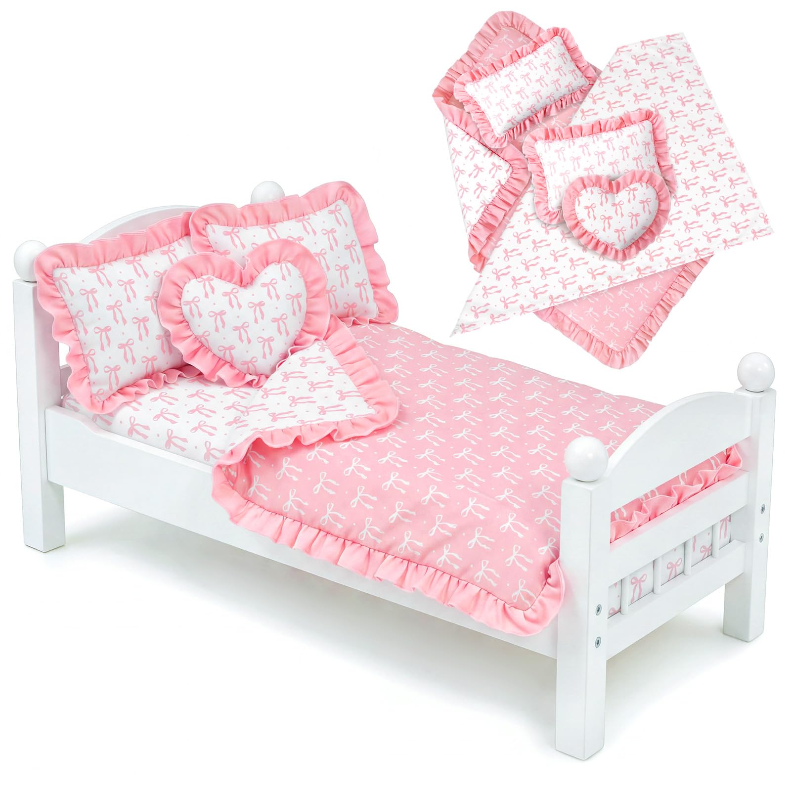 Batiyeer 18 Inch 5 Pcs Doll Bedding Set Accessories Pink Bow Ruffled Comforter Fluffy Pillows and Bow Sheet Fits Most 18" Doll Beds Cribs Cradles