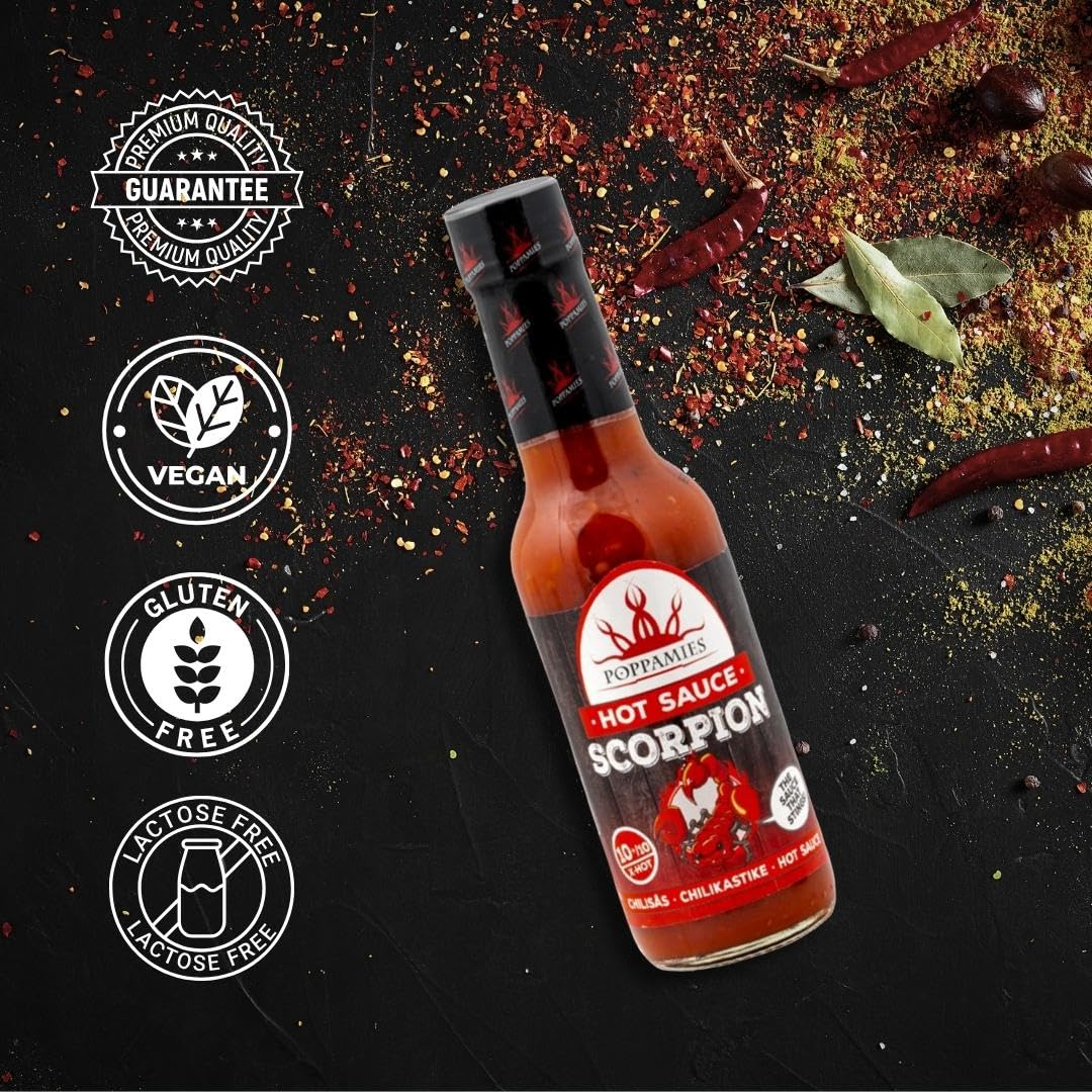 Poppamies Salsa picante Scorpion de Trinidad Chili - Extra Caliente 10+/10 - 150ml Sin Gluten Sin Lactosa Vegano
