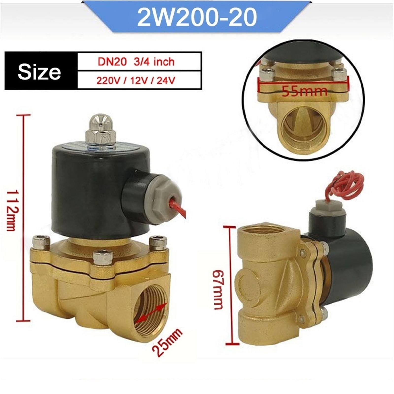 Válvula de control motorizada Válvula solenoide neumática de latón, normalmente cerrada, DN15, DN20 y DN25, CA 220 V, CC 24 12, 1 unidad