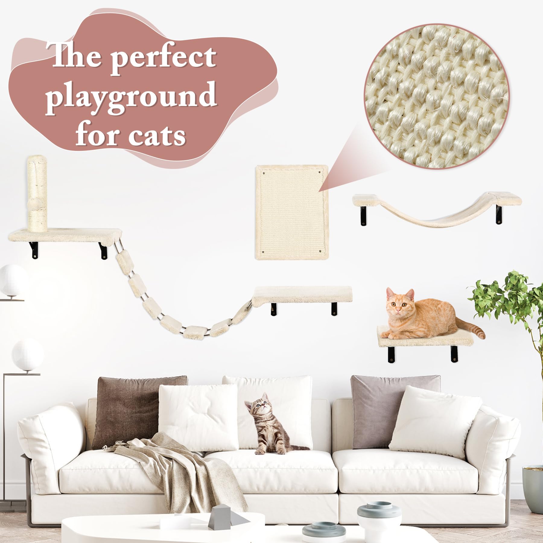 LONINAK Cat Wall Furniture Set-Cat Wall Shelves Include Cat Hammock, Cat Bridge with Cat Scratching Post, Cat Step Cat Scratching Board Wall-Mounted Cat Climber Set for Indoor Cat