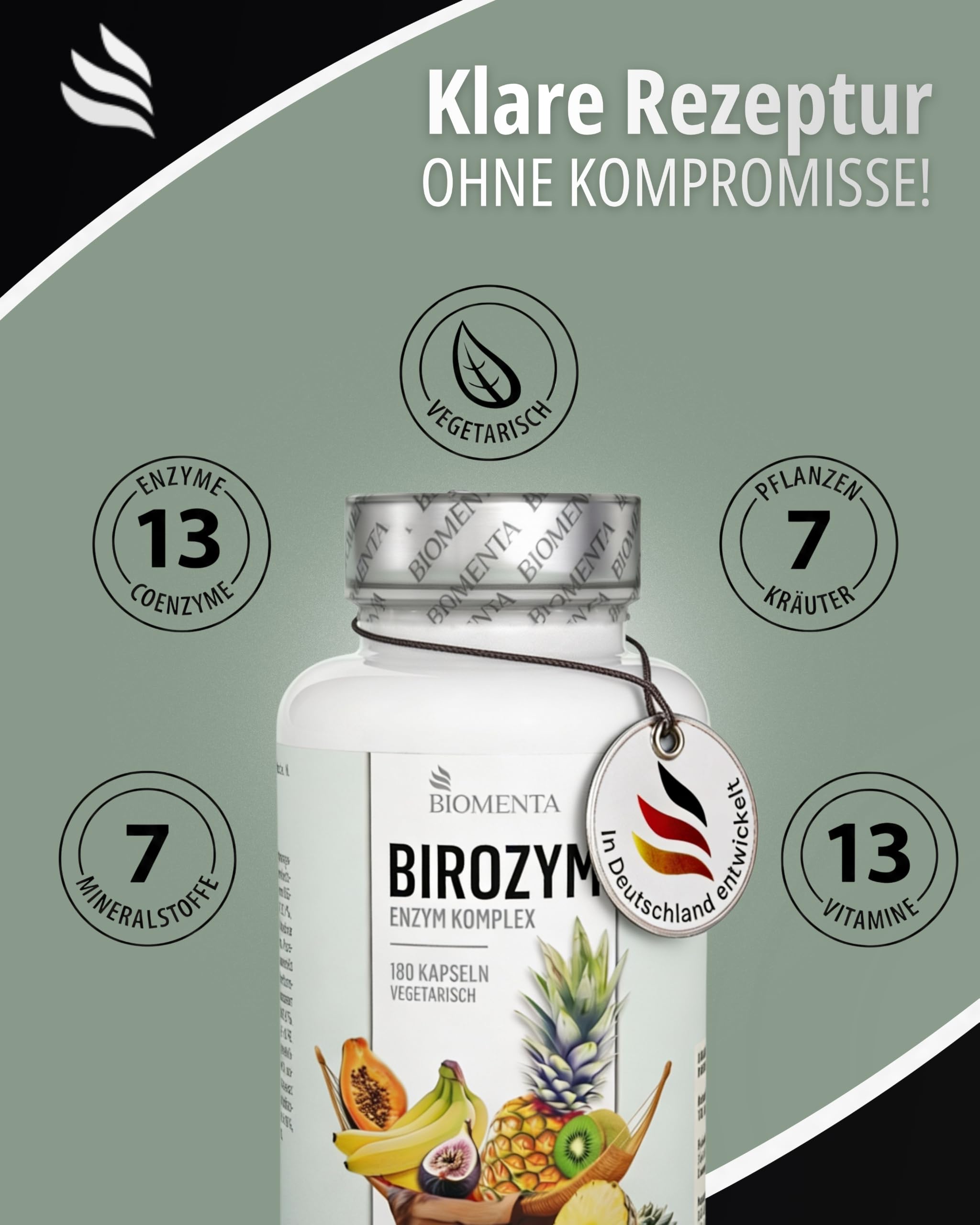BIOMENTA BIROZYM Enzym Komplex I 180 Kapseln mit 2650 mg reinen Enzymen pro Einheit I 13er Multi Frucht Enzyme mit Bromelain & Papain I Vegetarische Premium Nahrungsergänzungsmittel I Ohne Zusätze