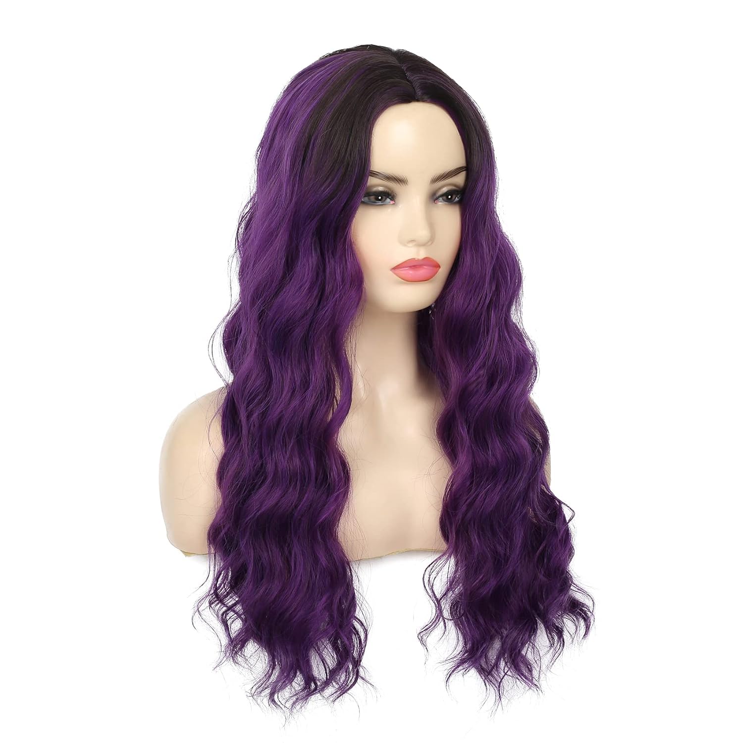 Swiking Ombre Purple Curly Wavy Long Wigs for Women Black Root Natural Breathable Colorful Wig for Halloween Party Cosplay (Purple) - Image 4