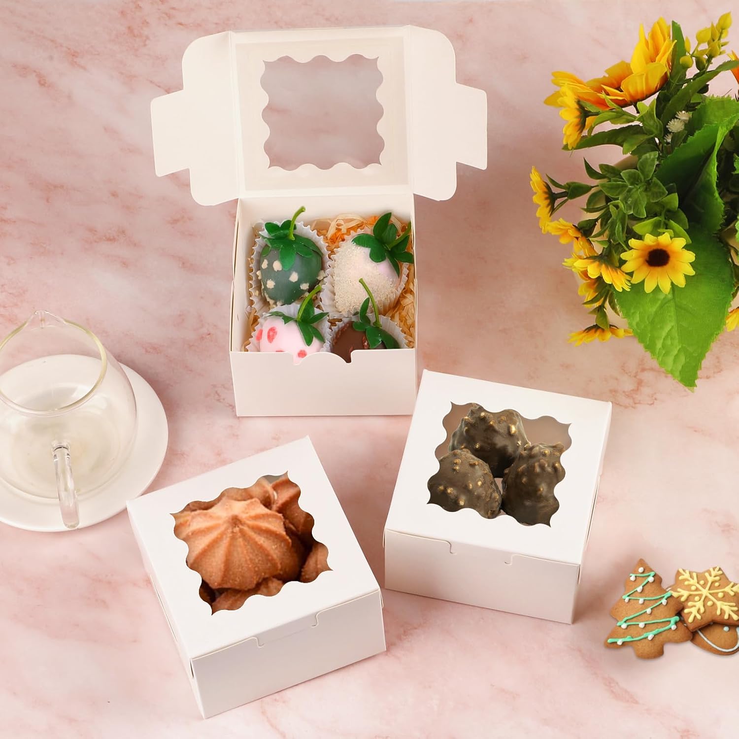 White Cookie Boxes, 4x4x2.5 Inches Bakery Boxes with Window, for