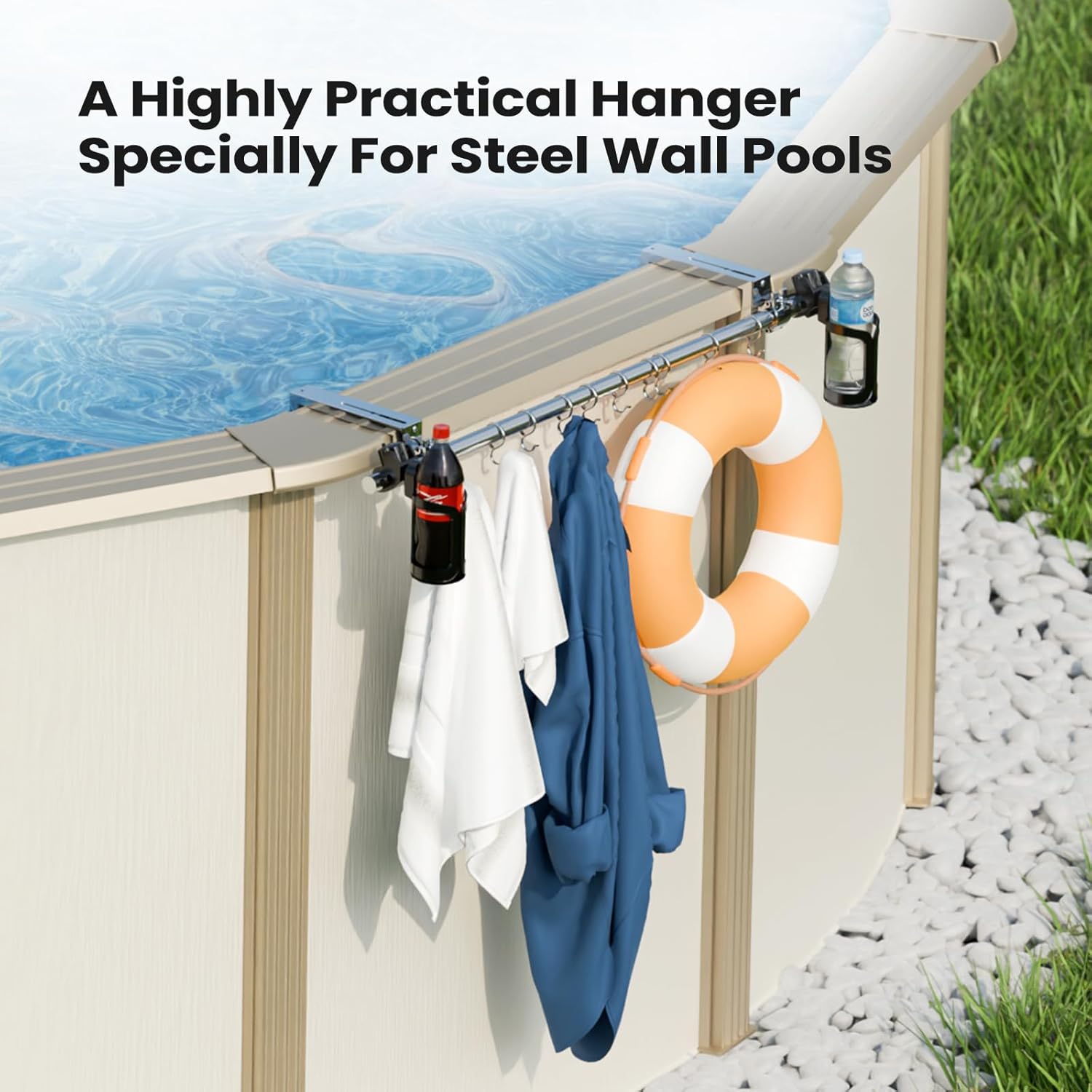 ECOPOOLTECH Poolside Pole Hanger, 2 Cup Holders & 10 Pcs Hook for Steel Wall Above Ground Pool, Fits 3.9-8.6” Top Rails, Outdoor Swimming Pool Accessories