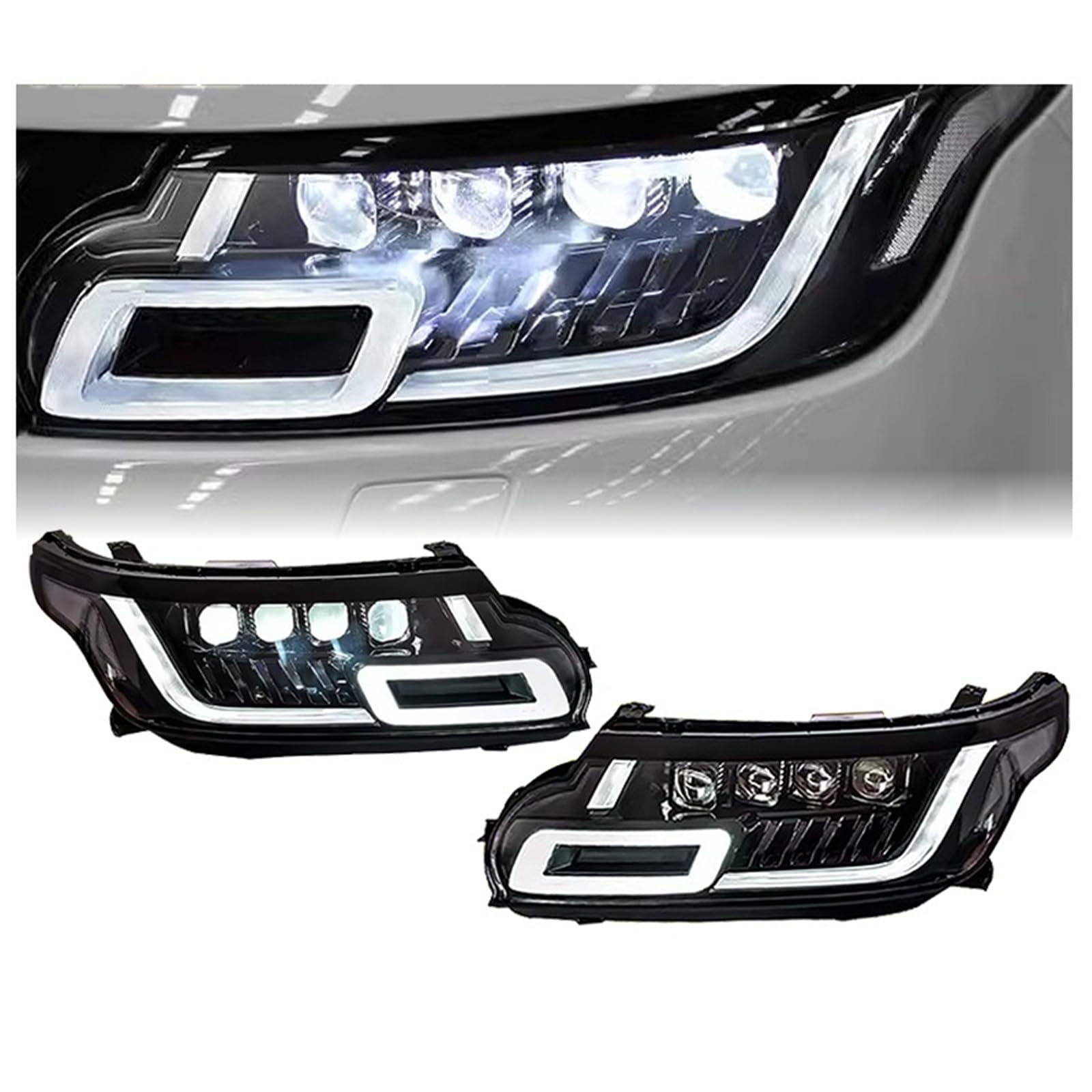 Faro Anteriore con luci diurne a LED (DRL) e Funzione di Orientamento dinamico per Land Rover Range Rover Sport L494 14-17, aggiornamento 18 fari Anteriori (Guida a Sinistra, 4 Lenti, 2 Pezzi)