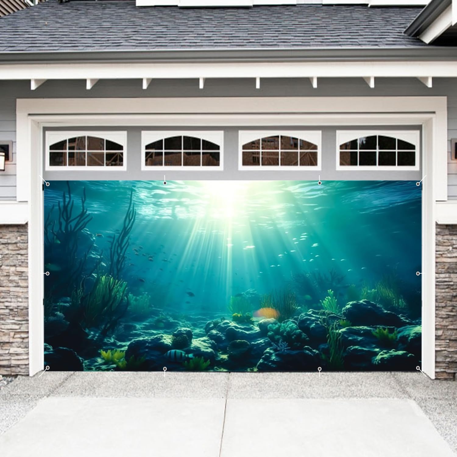 Underwater World Garage Door Cover Banner Decorations Backdrop 7x16ft Large Underwater Sea Grass Reef Garage Door Cover Wedding Outdoor Birthday Party Baby Shower Garage Door Photo Props Supplies