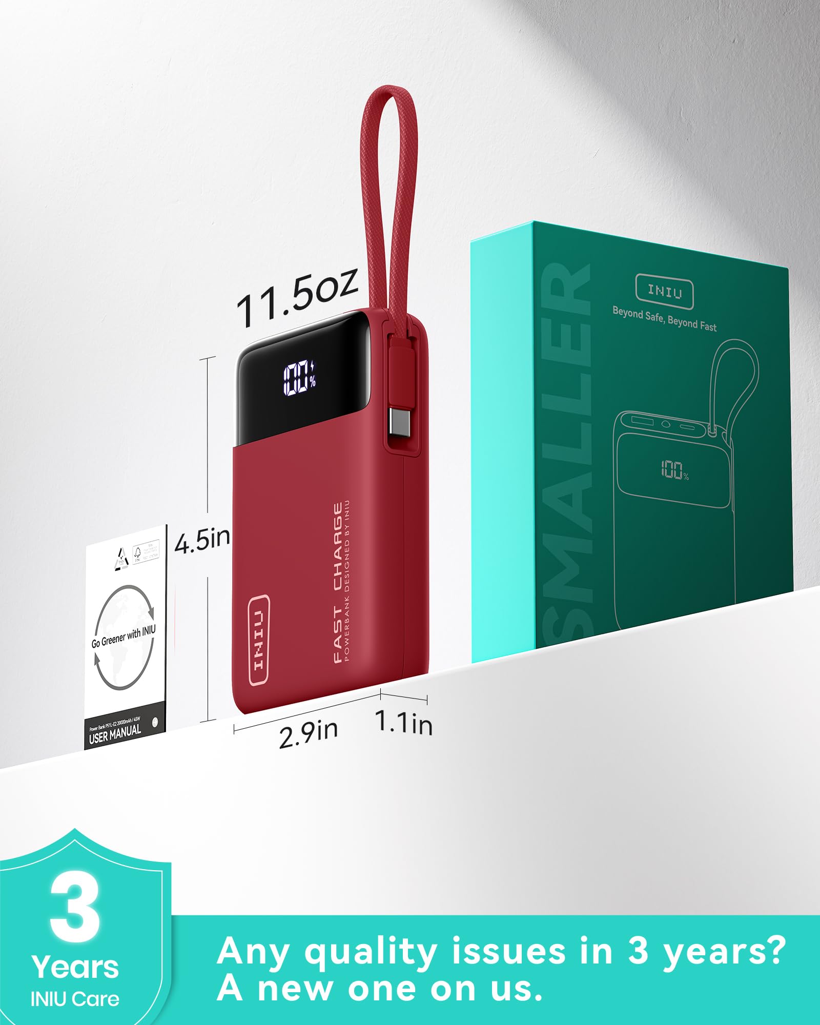 INIU Power Bank 20000mAh, Mały 45W PD Szybkim Ładowaniem Powerbank wbudowany Kabel USB-C, Bezpieczny w Locie Zestaw akumulatorów do iPhone 17 16 15 14 13 12 Samsung S26 S25 Xiaomi iPad, Czerwony
