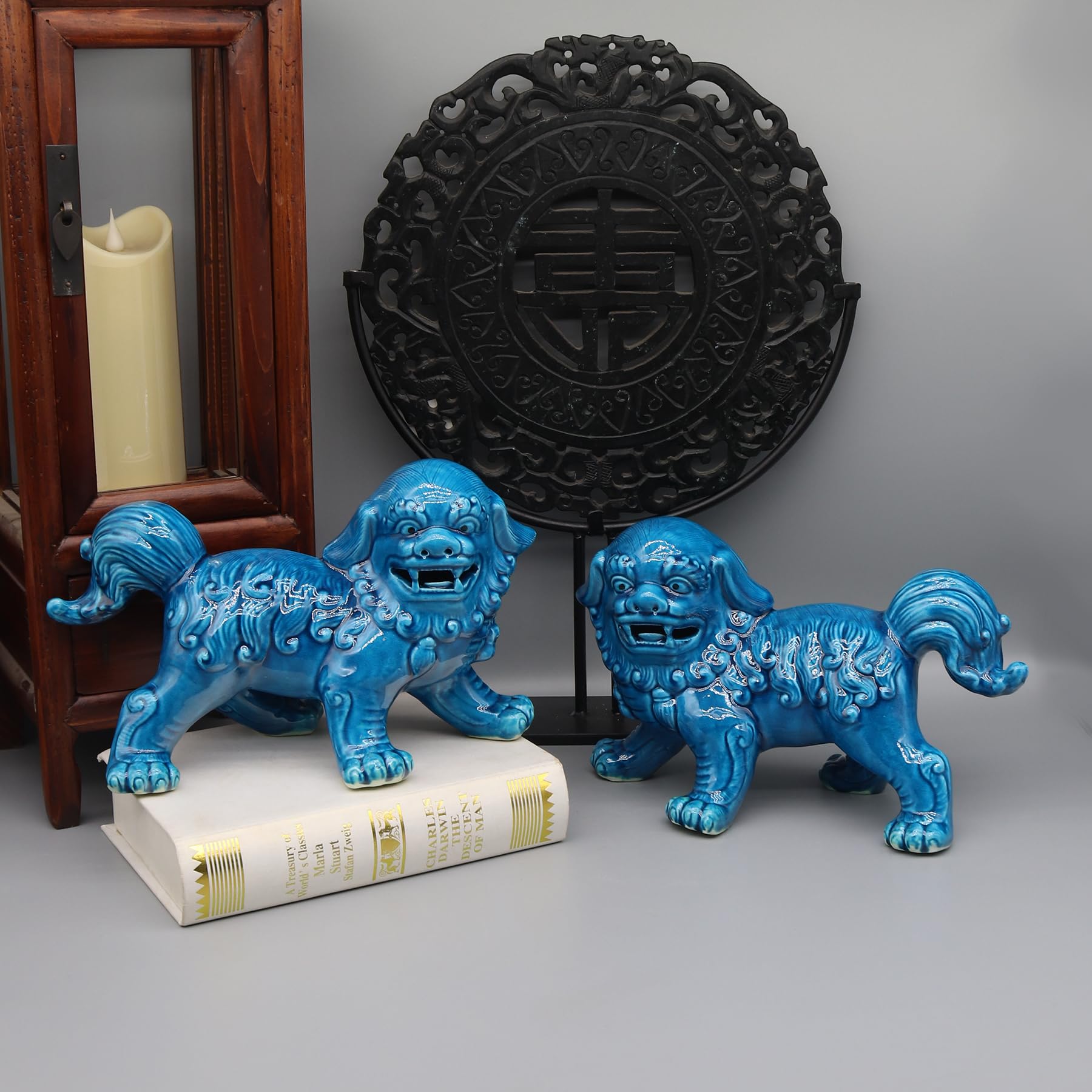 Eastern tide Statua decorativa in ceramica del leone custode, finitura smaltata blu, stile tradizionale cinese